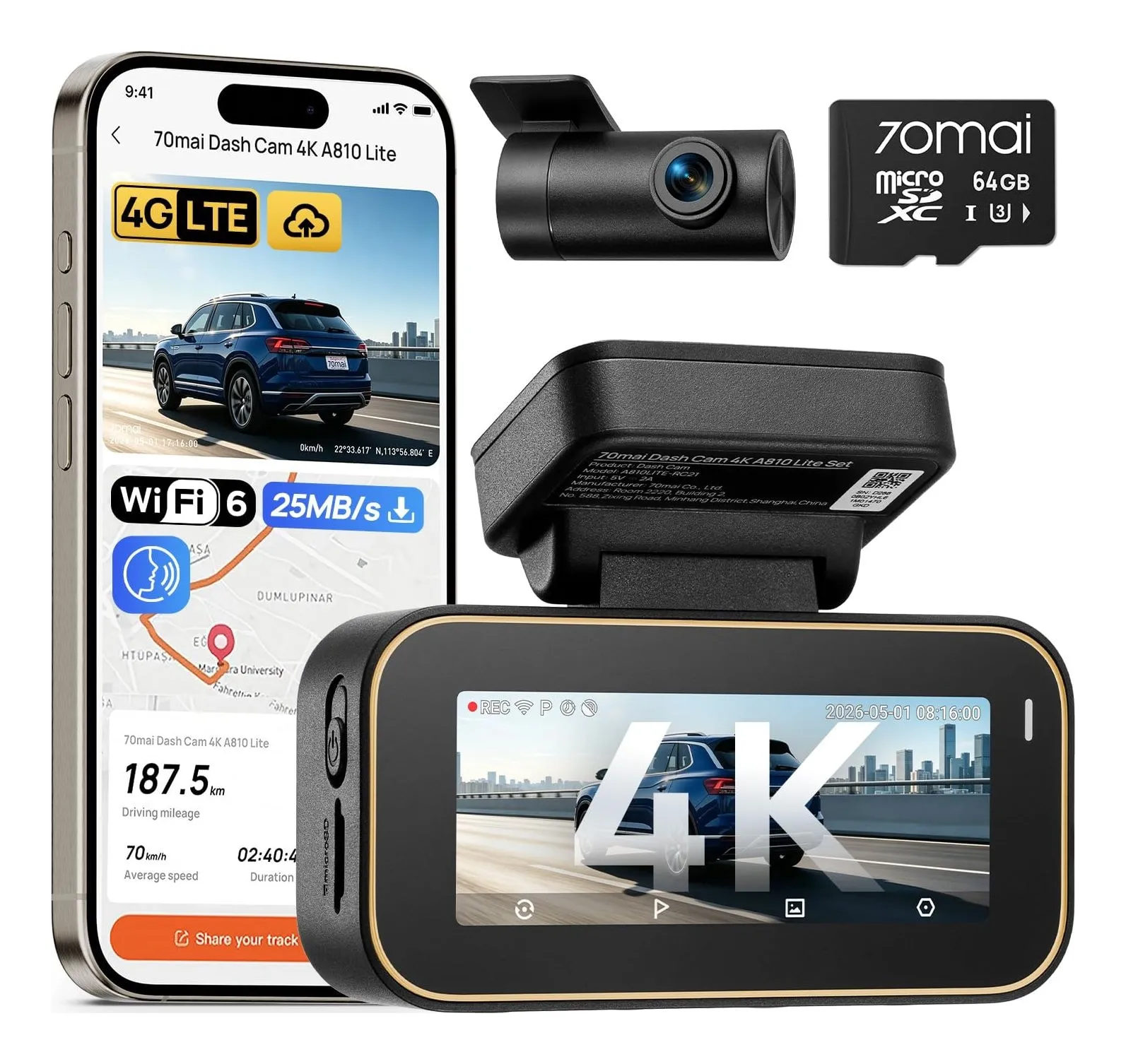 70mai A810 Lite dash cam in black with a 3.18-inch screen, beside its rear camera