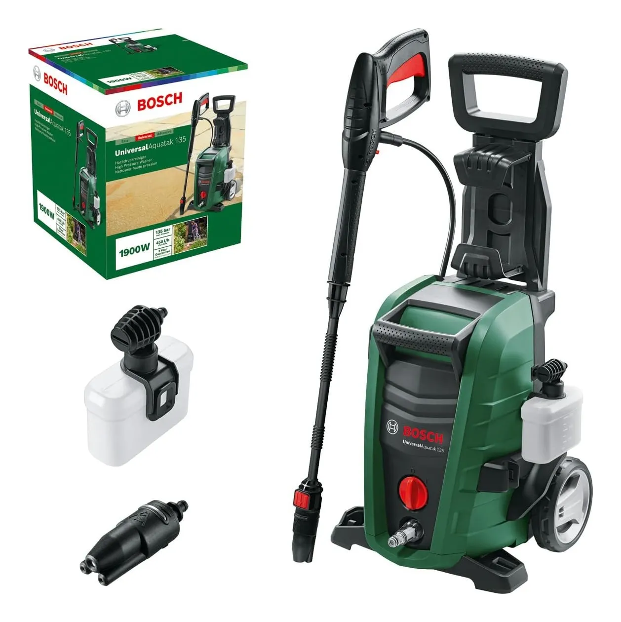 Bosch UniversalAquatak 135 pressure washer in green with its 3-in-1 nozzle lance and carrying handle