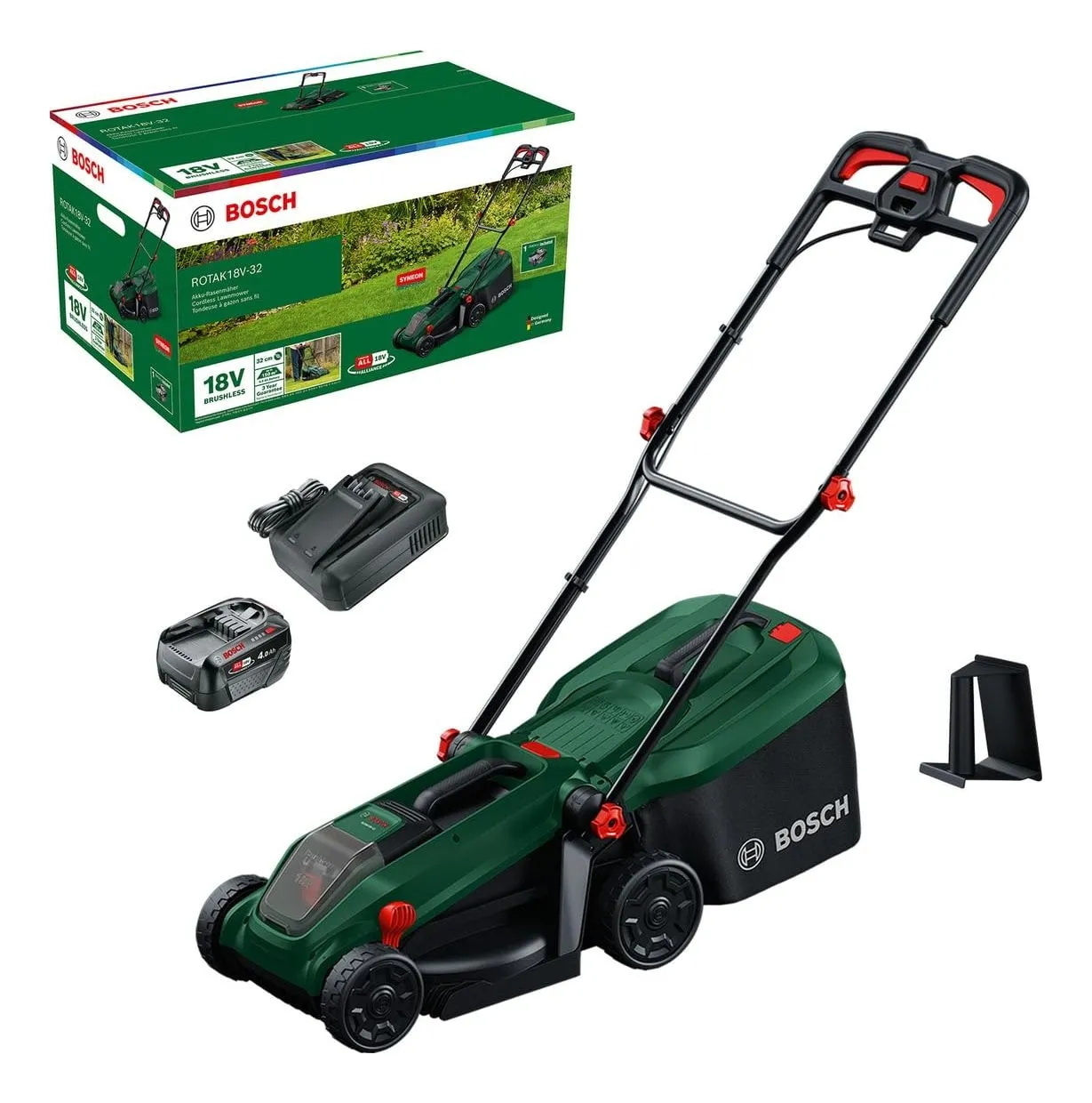Bosch Rotak 18V-32 cordless lawnmower in green with a fabric grass bag and folding handle
