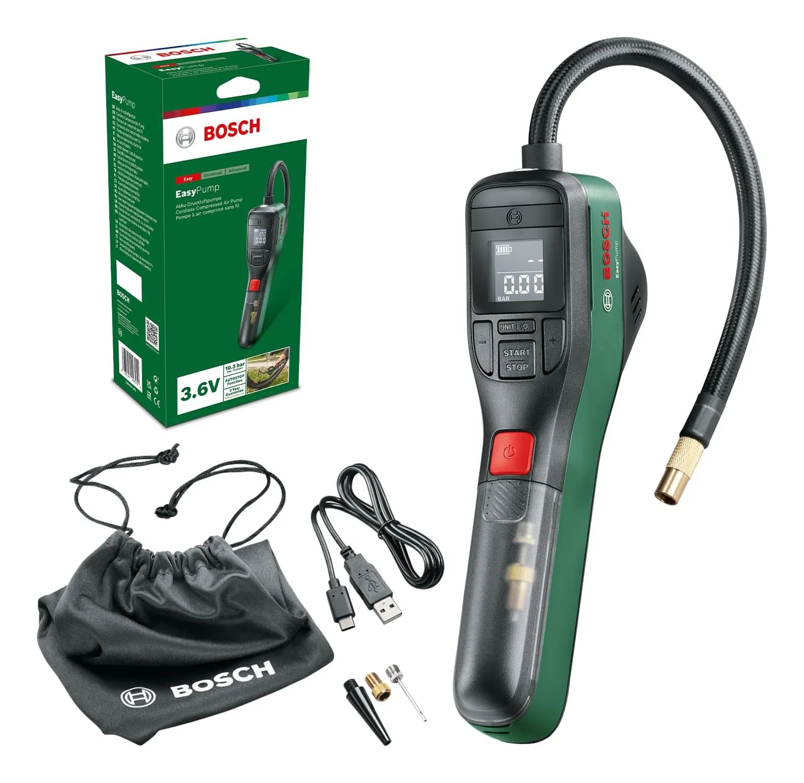 Bosch EasyPump cordless mini compressor in green and black with a digital display and short hose