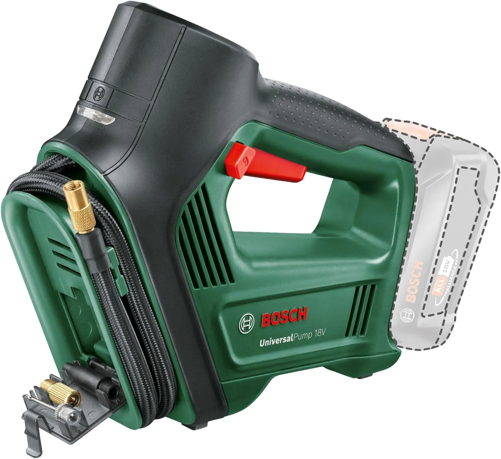 Bosch UniversalPump 18V cordless inflator in green with an illuminated gauge and a hose, battery slot empty