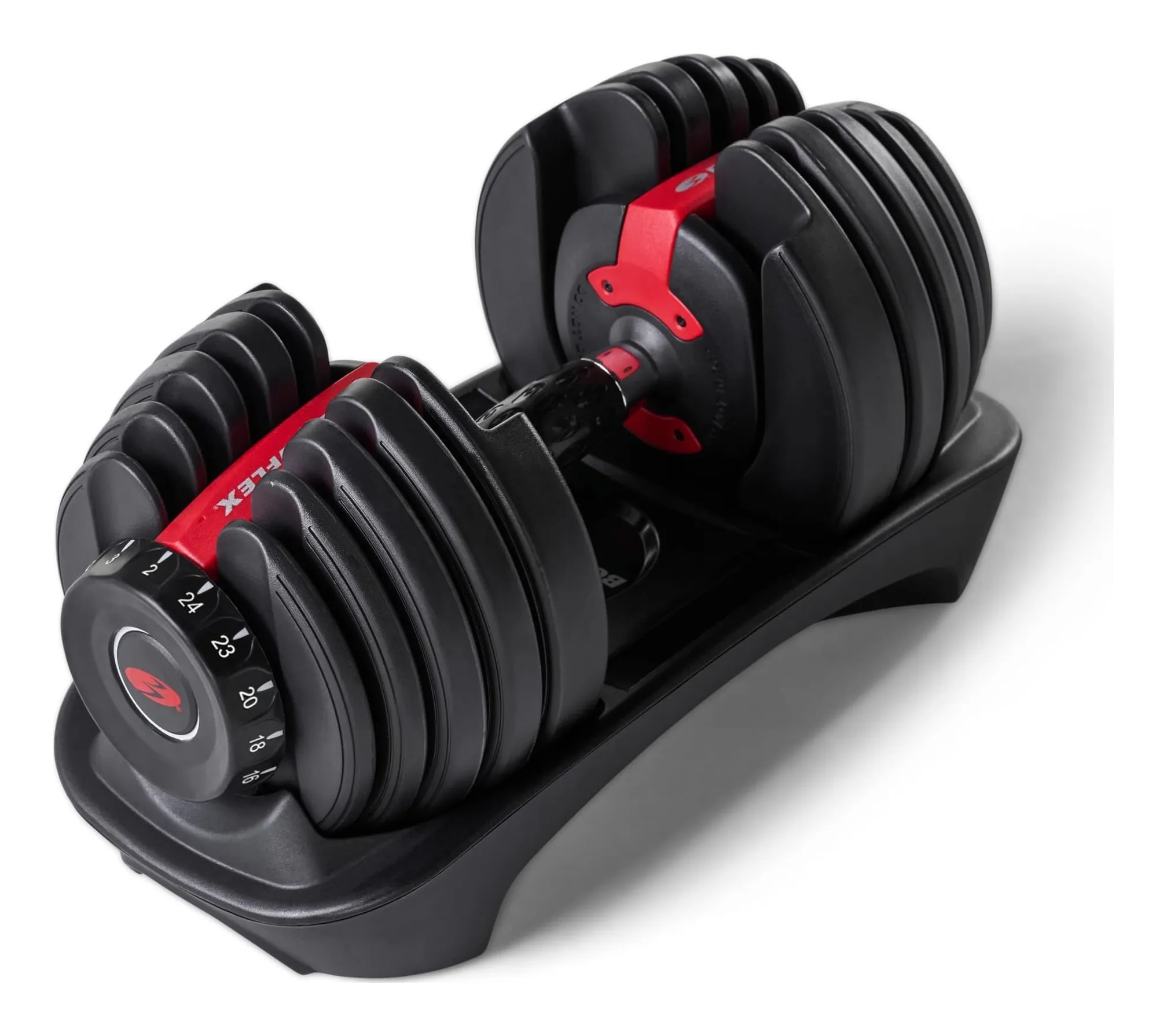Bowflex SelectTech 552i adjustable dumbbell in black, grey and red with the weight dial at each end