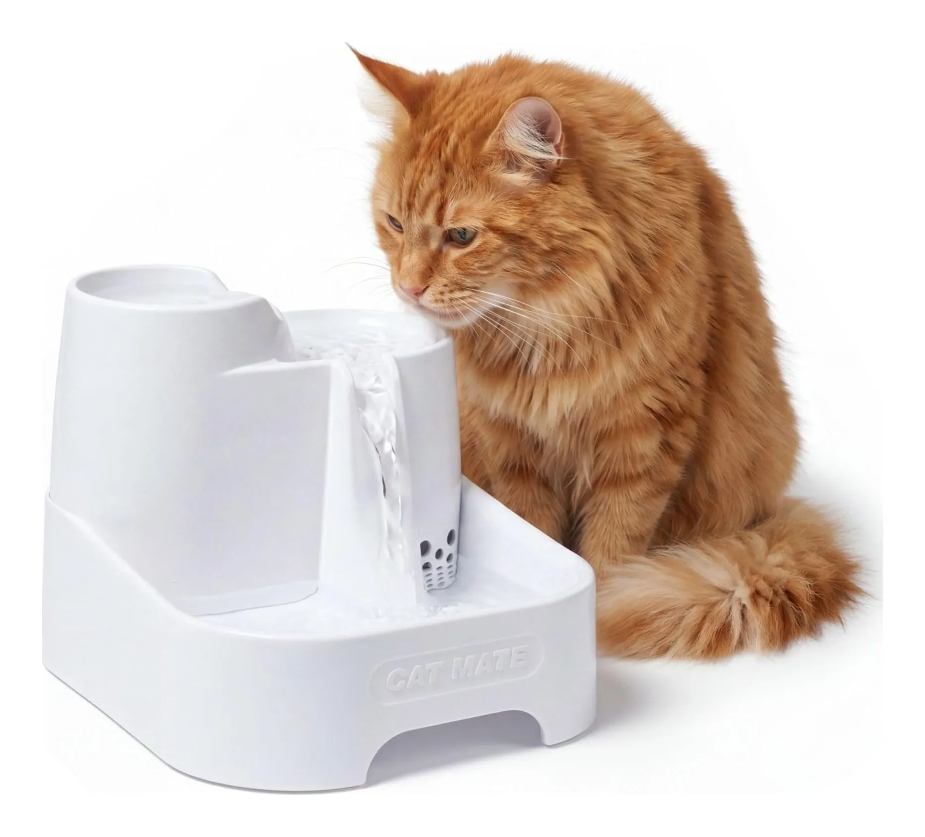 Cat Mate three-level pet fountain in white with water cascading down a ramp between three bowls