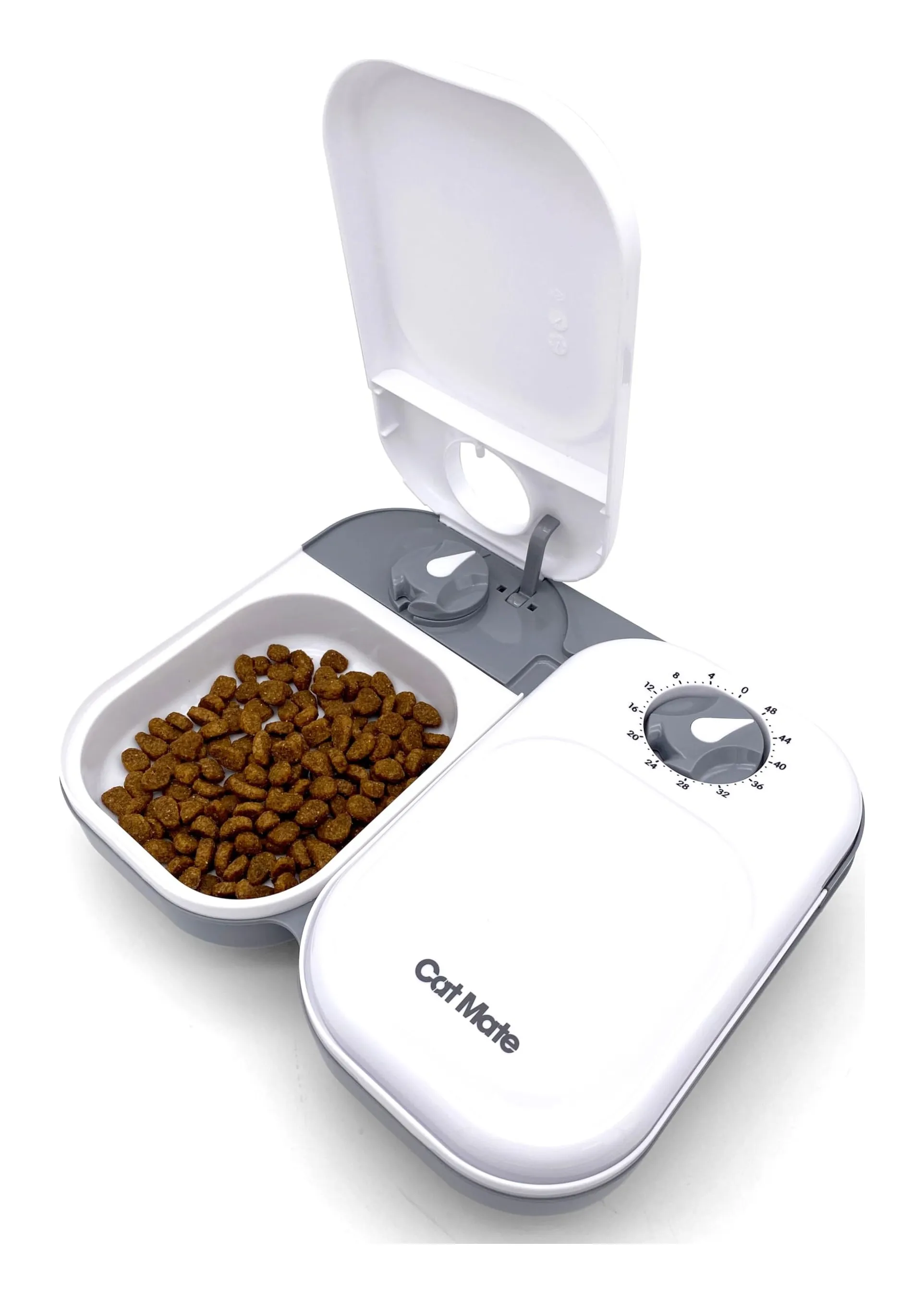 Cat Mate C200 two-meal automatic feeder in white with two lidded bowls and twist timers
