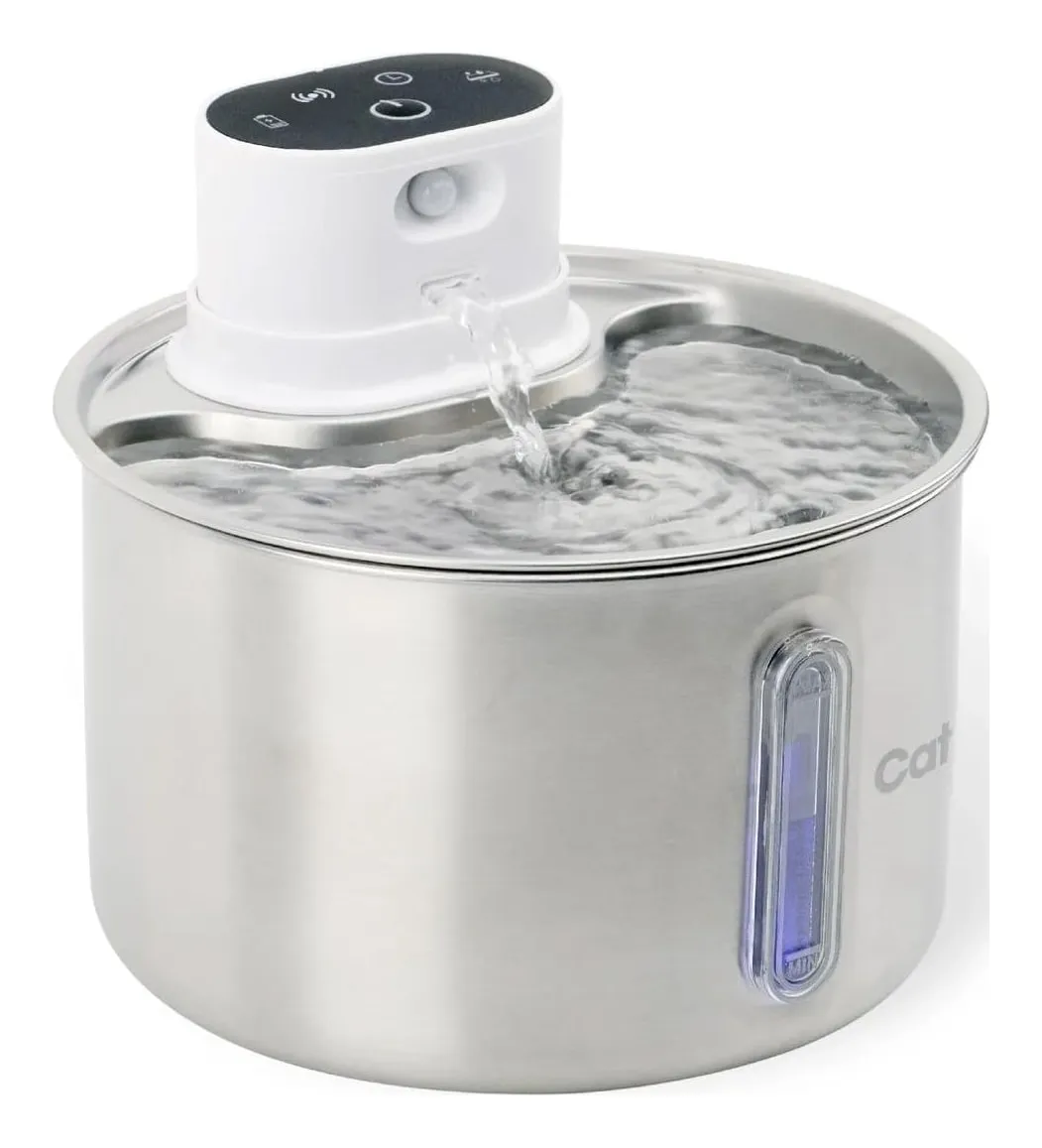 Cat Mate stainless steel cordless cat fountain, a brushed-steel bowl on a compact base