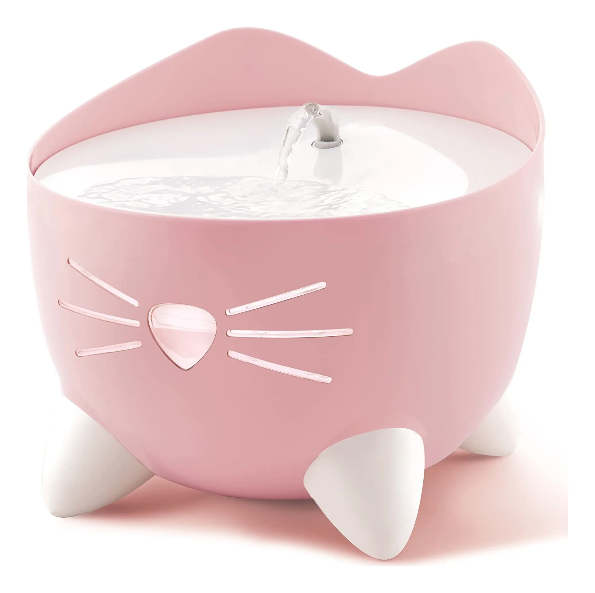 Catit PIXI fountain in pink: a cat-shaped fountain with ears, a water-level window and a glowing nose