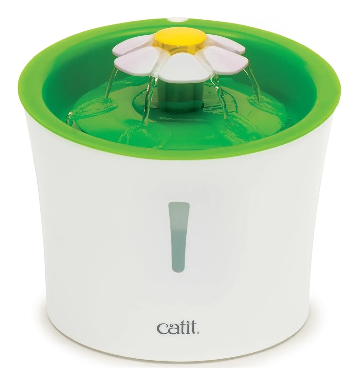 Catit Flower Fountain in green and white: a round fountain with a flower-shaped top and water flowing from its petals