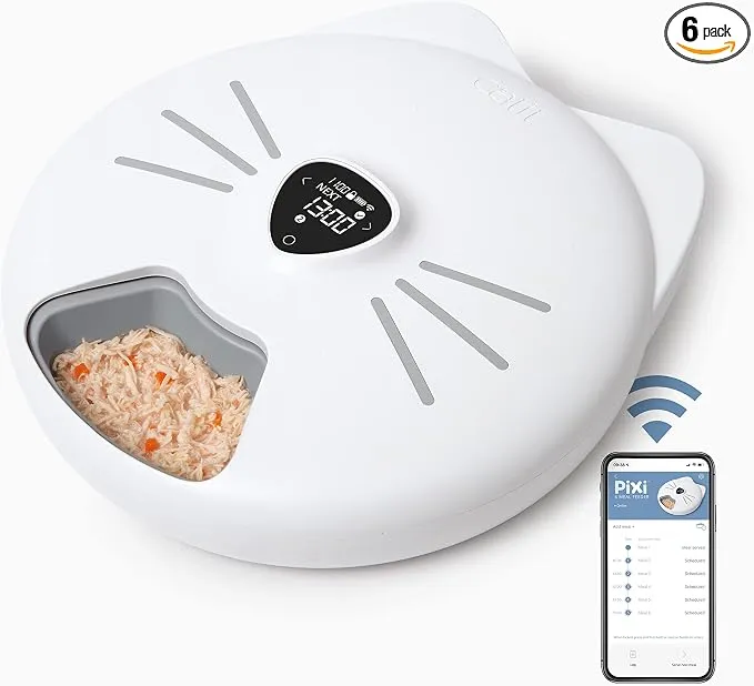 Catit PIXI Smart 6-meal feeder in white, a round feeder with a cat-face front and a rotating tray