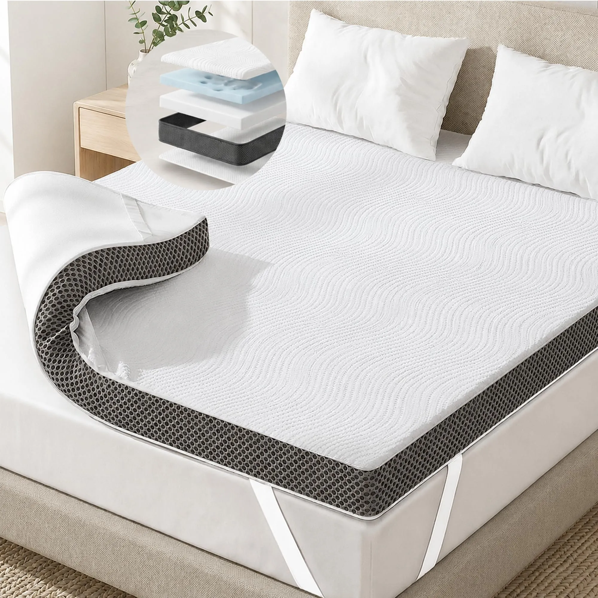 Degrees of Comfort 8 cm memory foam mattress topper: a thick white topper with mesh side panels on a double bed