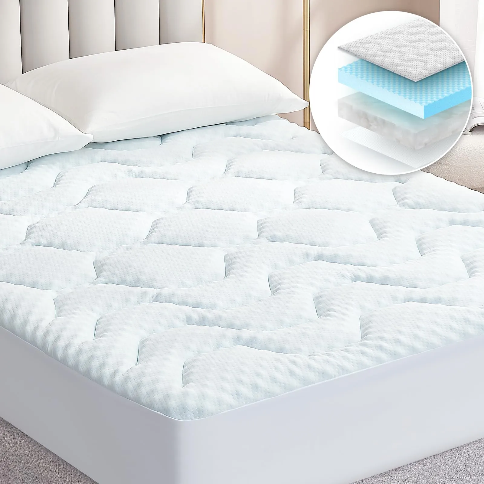 EHEYCIGA 3 cm gel memory foam mattress topper: a white quilted pad with a fitted skirt, on a double bed