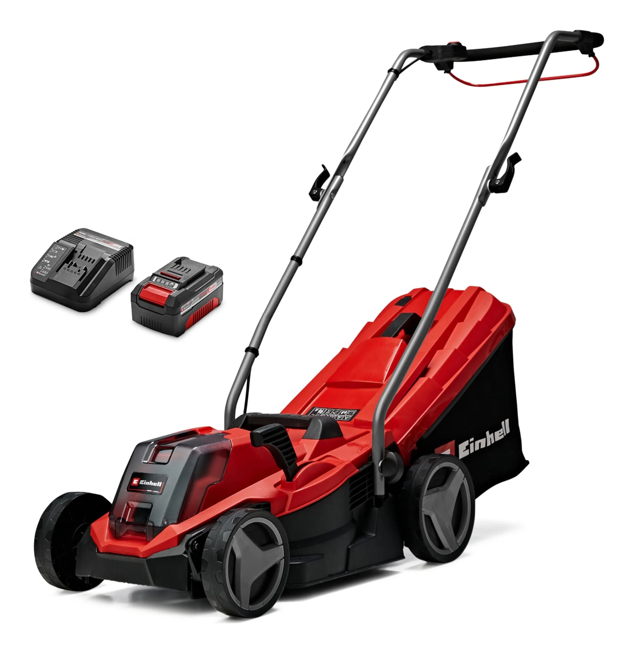 Einhell GE-CM 18/33 Li cordless lawnmower in red and black with a Power X-Change battery