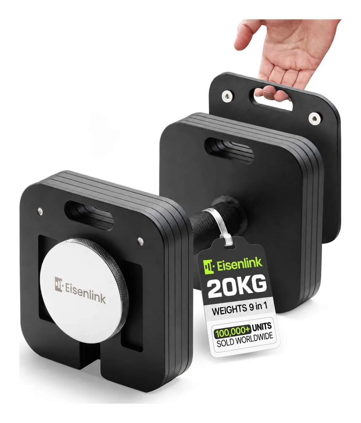 Eisenlink square adjustable dumbbell in black steel with stacked plates and a knurled handle