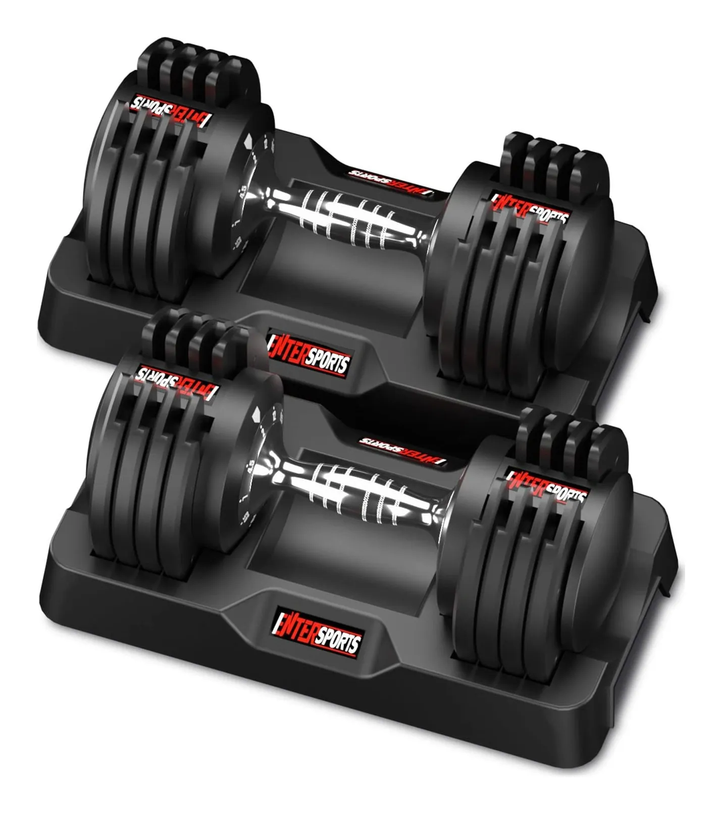 EnterSports pair of adjustable dumbbells in black with silver steel plates in their trays