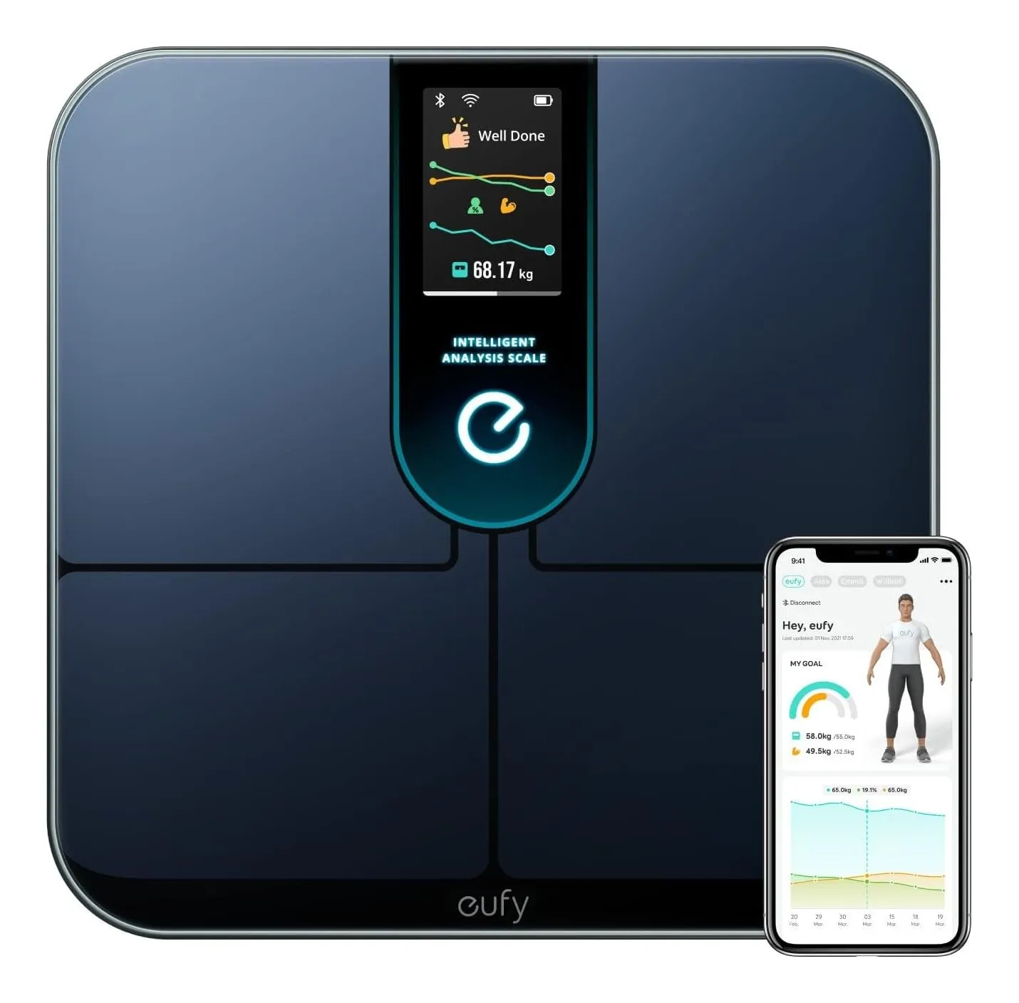 eufy Smart Scale P3 in black tempered glass with a large LED display