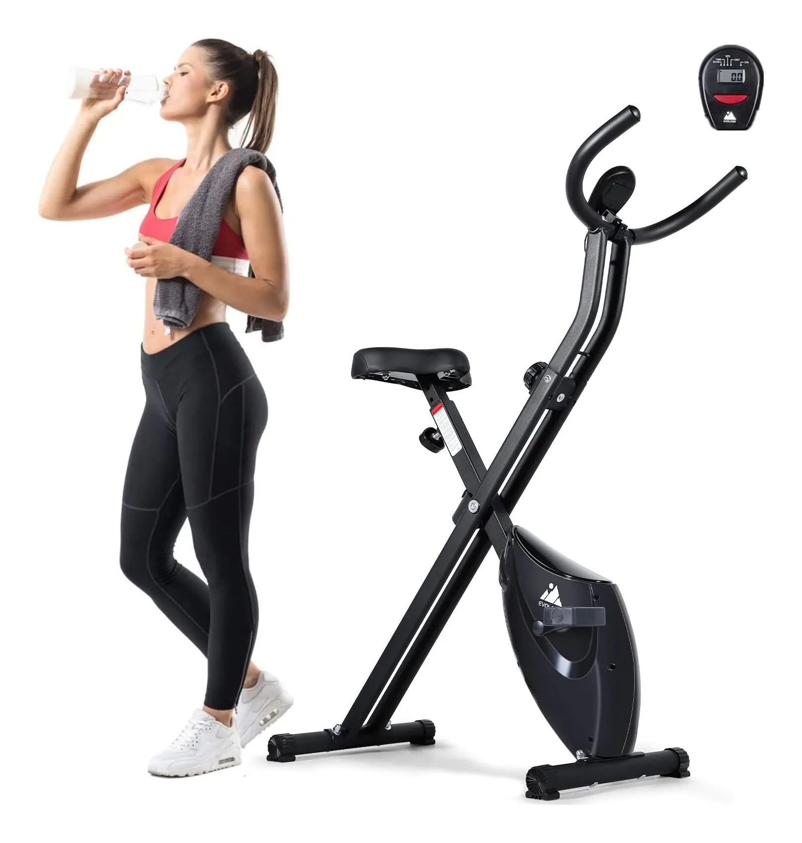 Evoland X-813 folding exercise bike in black with an LCD display and a compact X frame