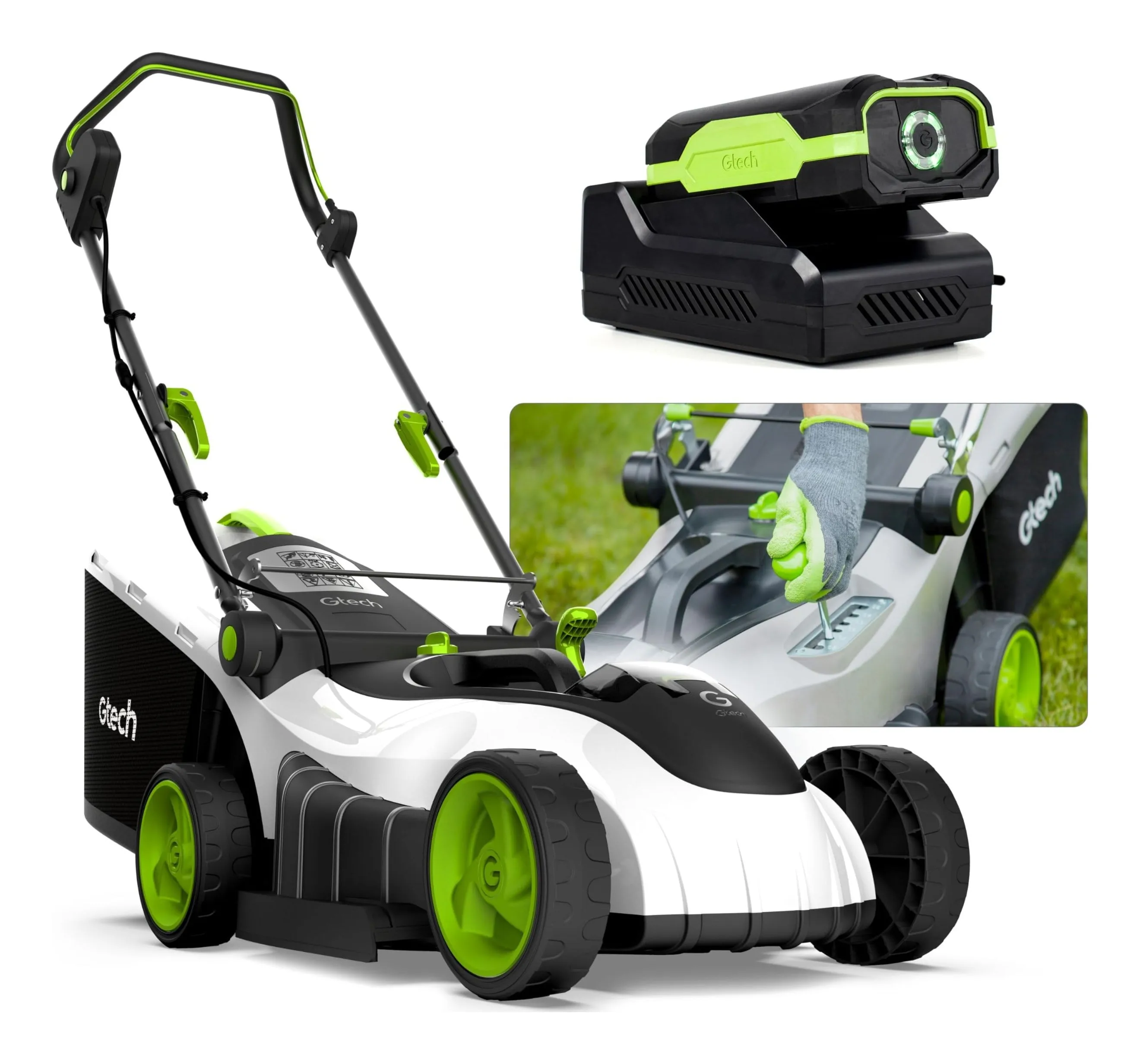 Gtech CLM50 cordless lawnmower in white and green with a large grass bin