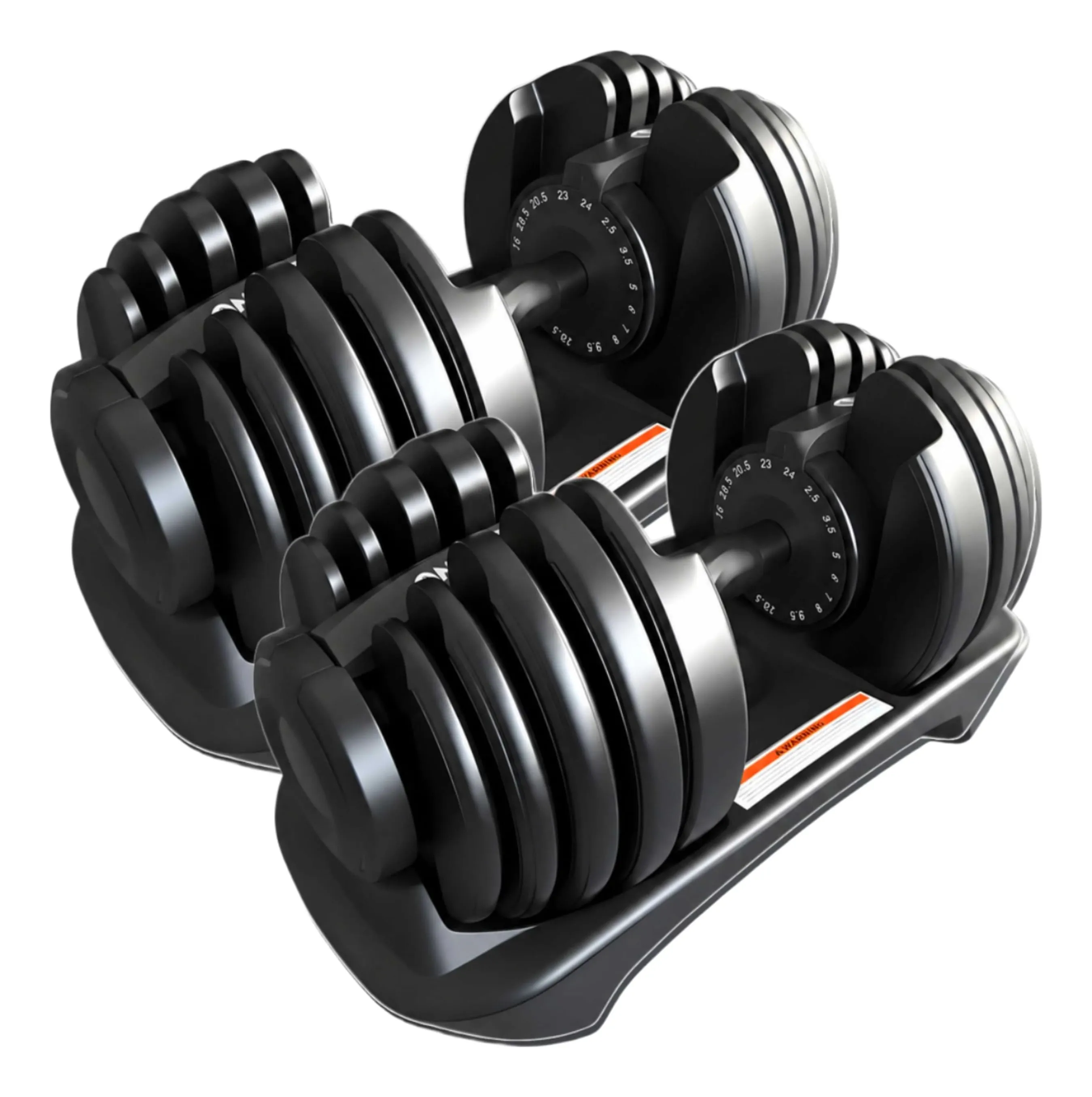 Hakeno pair of adjustable dumbbells in black with coated steel plates in their storage docks