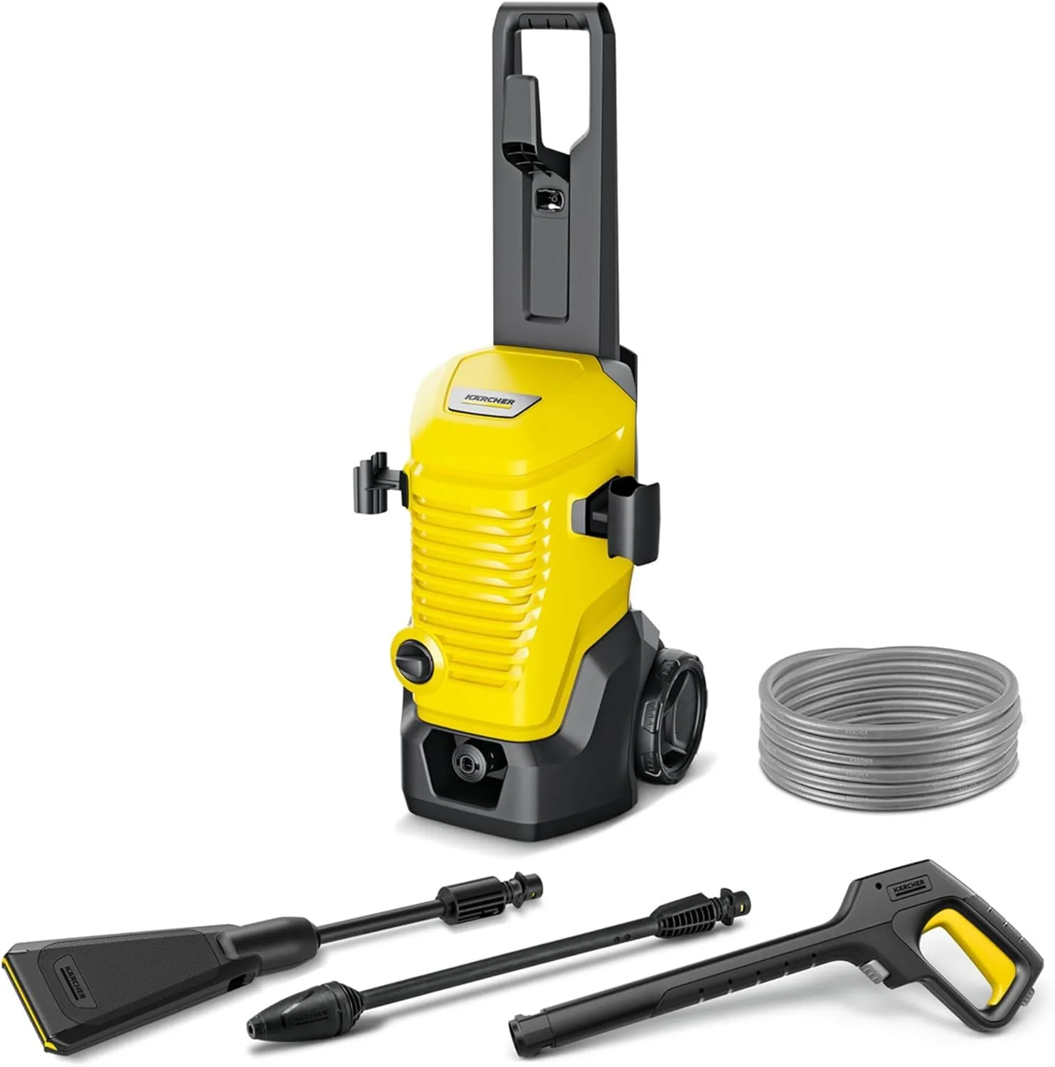 Kärcher K 4 WCM Flex eco!Booster pressure washer in black and yellow, upright with the hose coiled