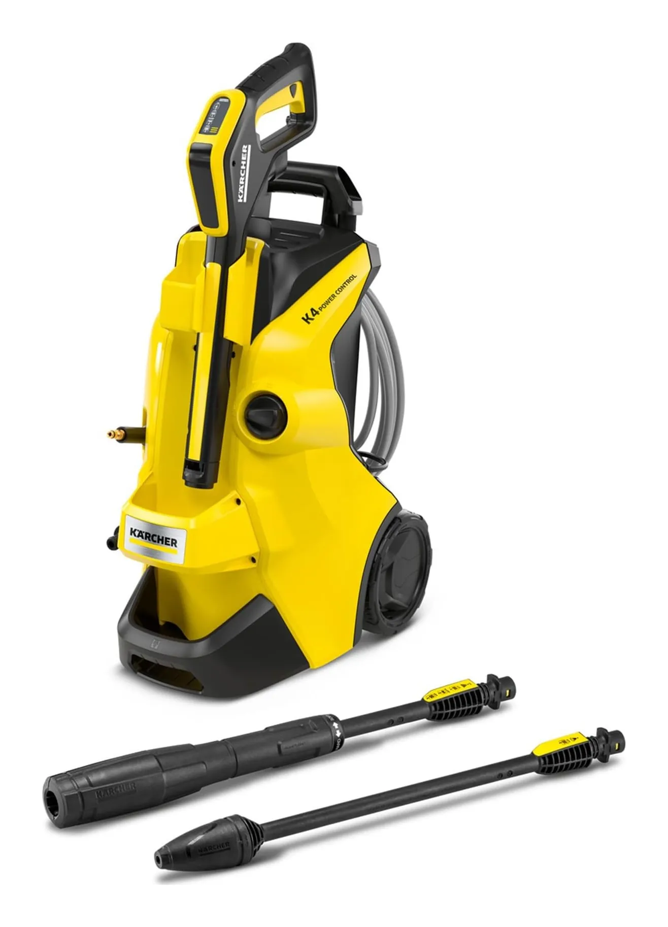 Kärcher K 4 Power Control Flex pressure washer in yellow with its hose, gun and lances stowed on the body