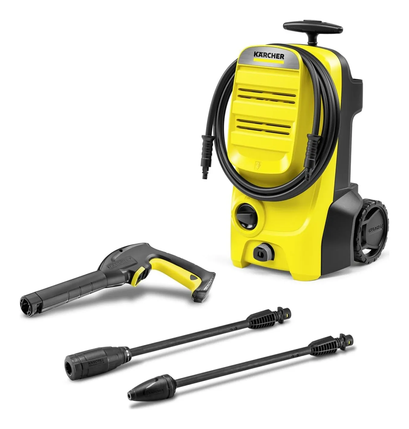 Kärcher K 4 Classic pressure washer in yellow with a telescopic handle and the hose coiled on the front