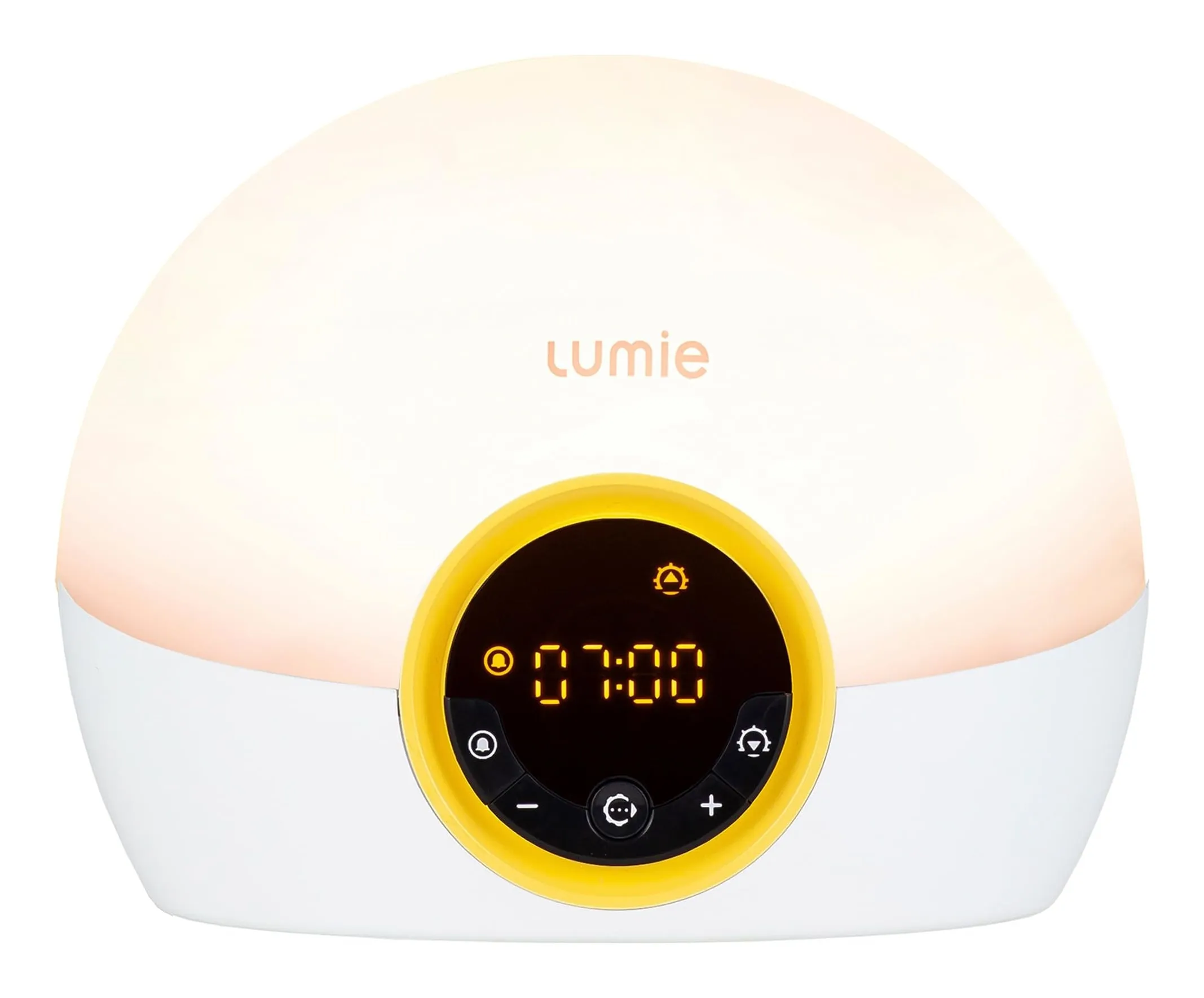Lumie Bodyclock Rise 100 wake-up light: a white dome lamp with a yellow base and a small clock display