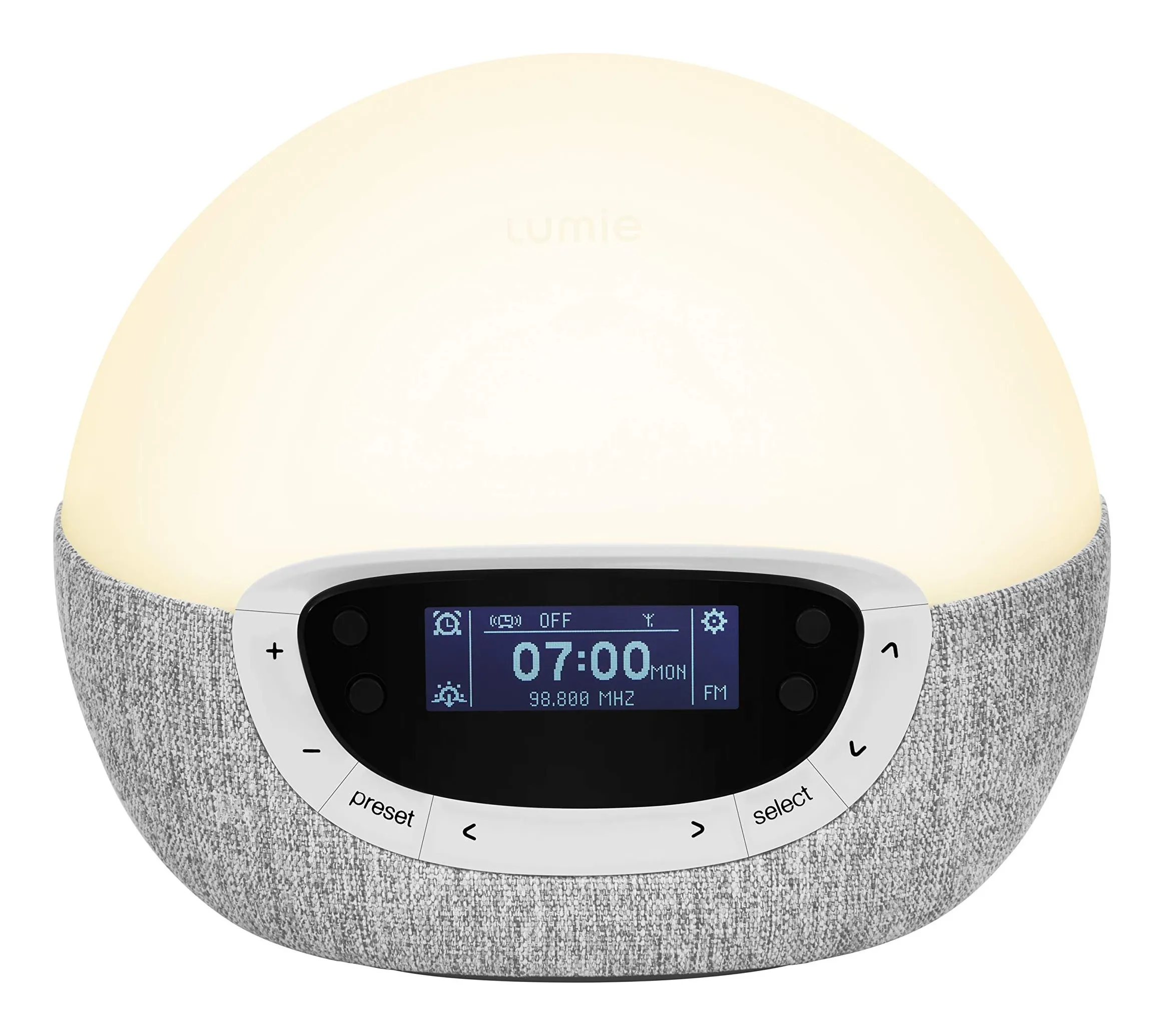 Lumie Bodyclock Shine 300 wake-up light: a white oval lamp with a grey fabric front and a small digital clock display