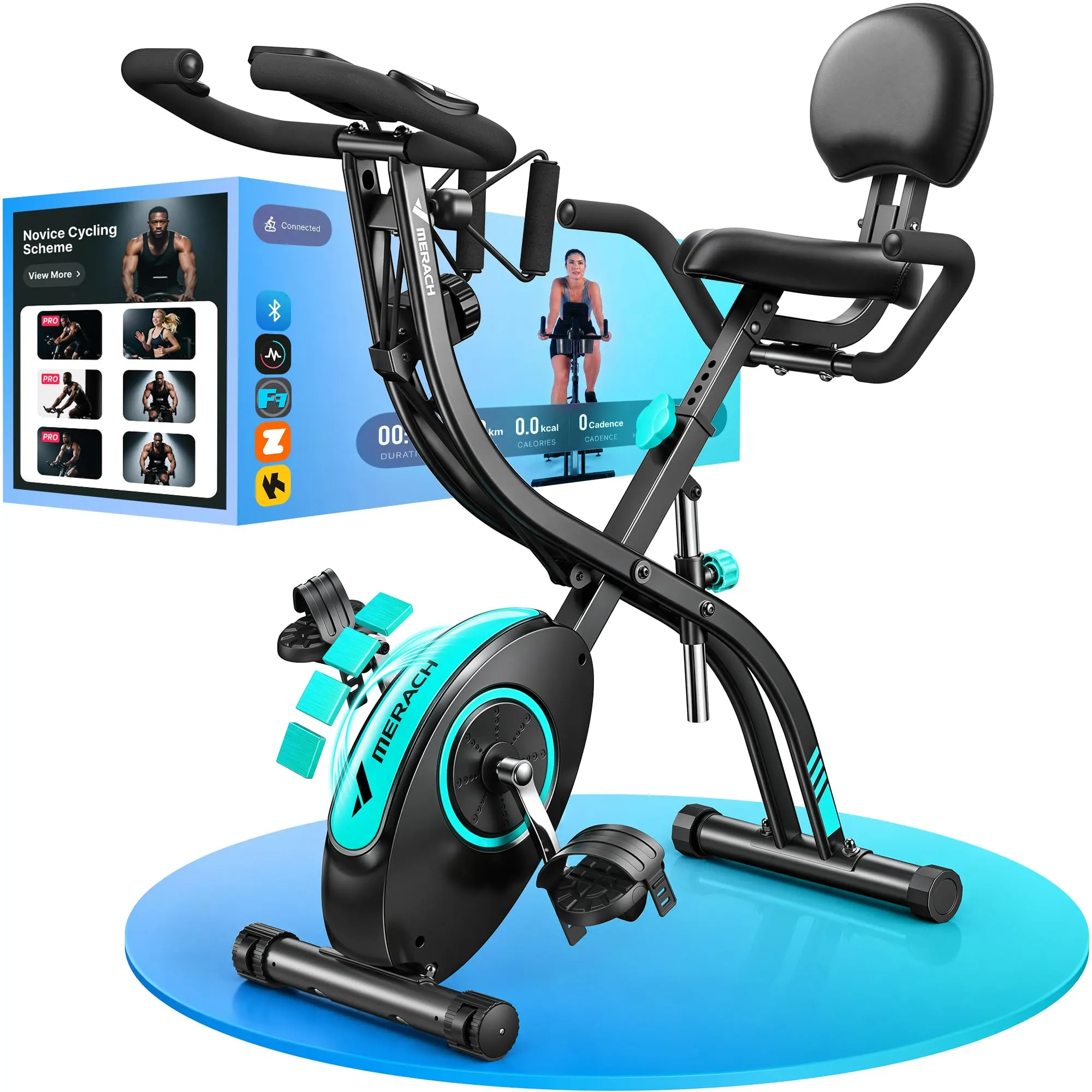 Merach MR-S14 folding exercise bike in black with an LCD monitor and a padded seat