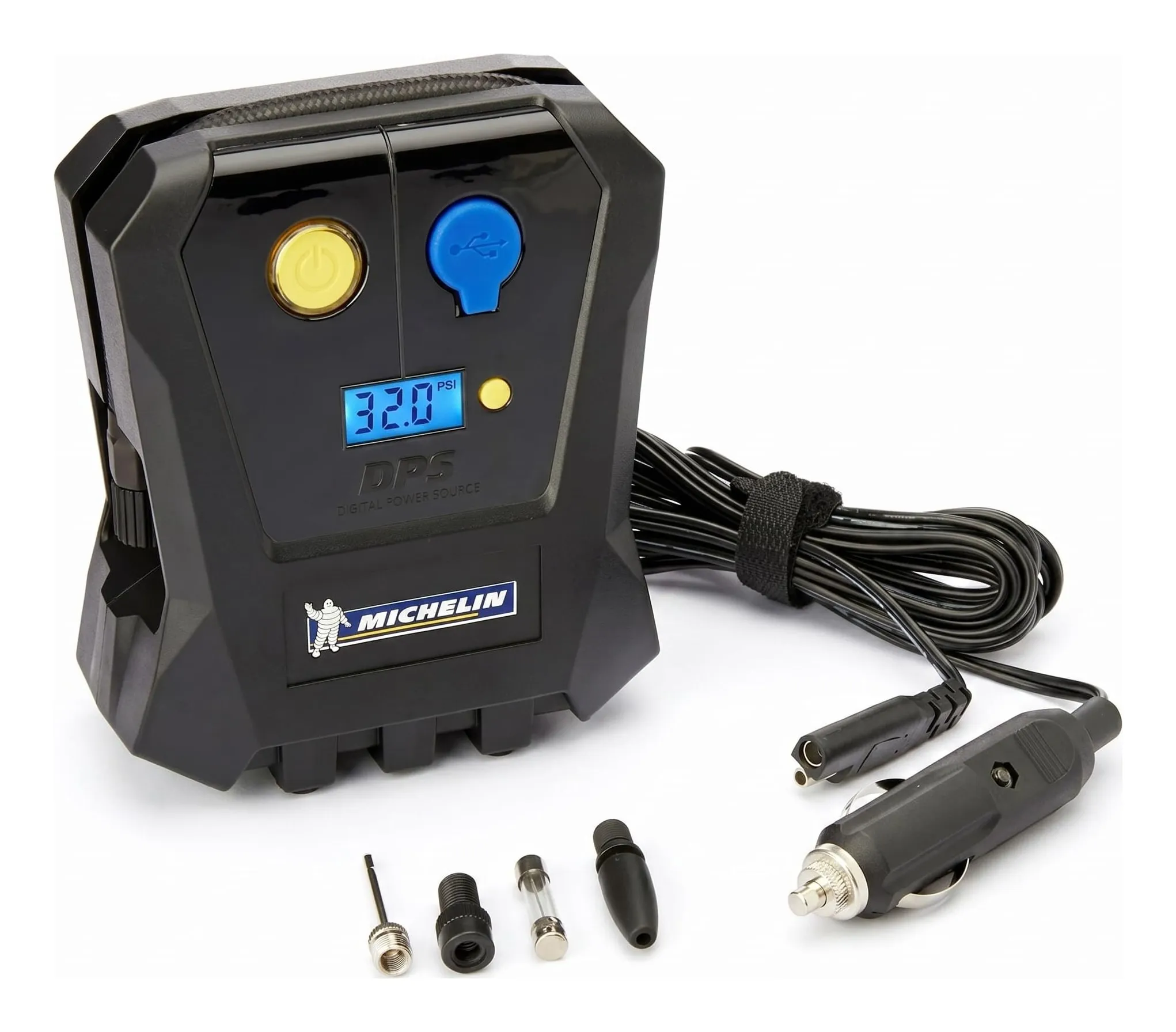 Michelin 009518 mini digital 12 V compressor: a small black cube with a digital gauge and a short hose