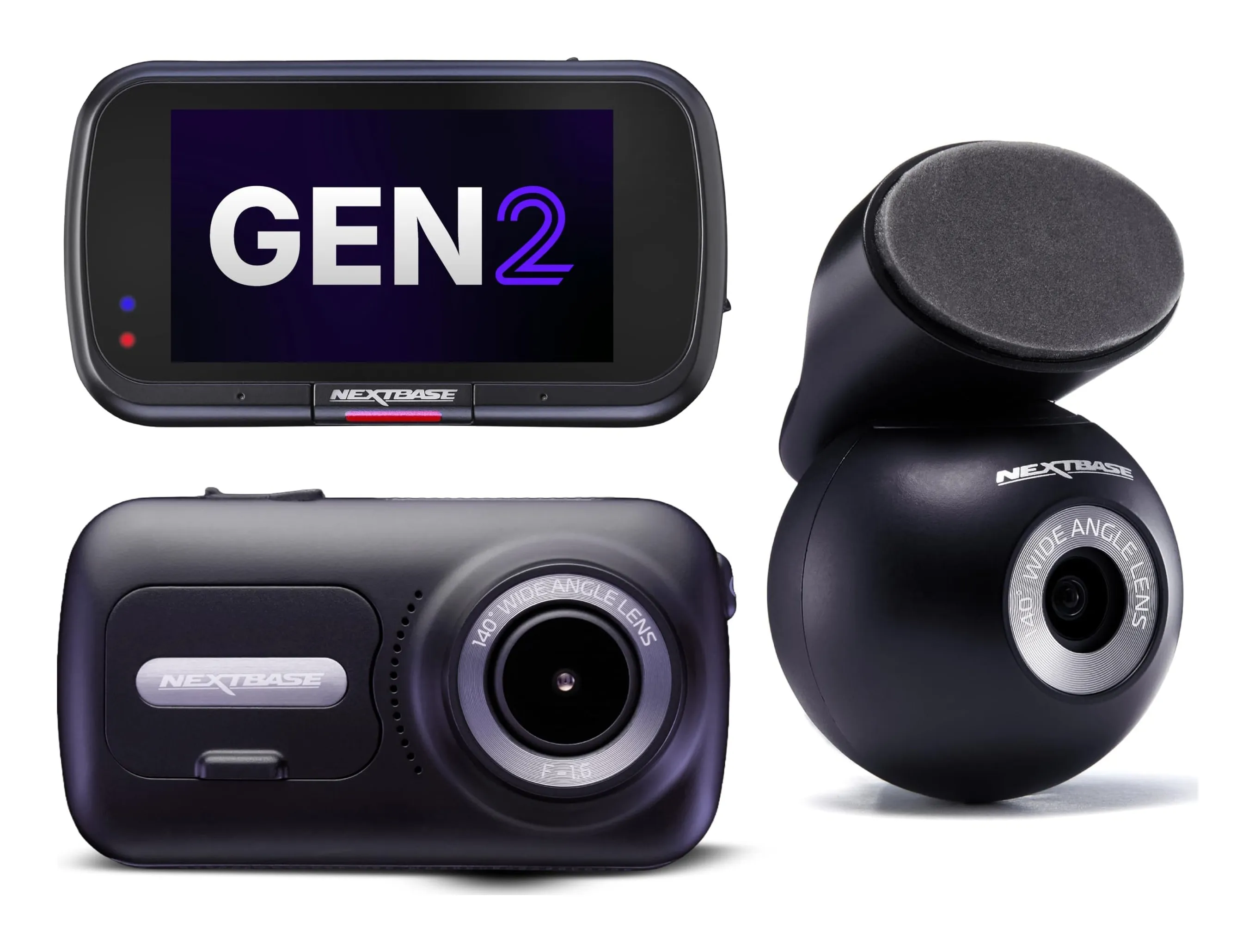 Nextbase 322GW dash cam in black with a 2.5-inch touchscreen, beside its rear window camera and cable