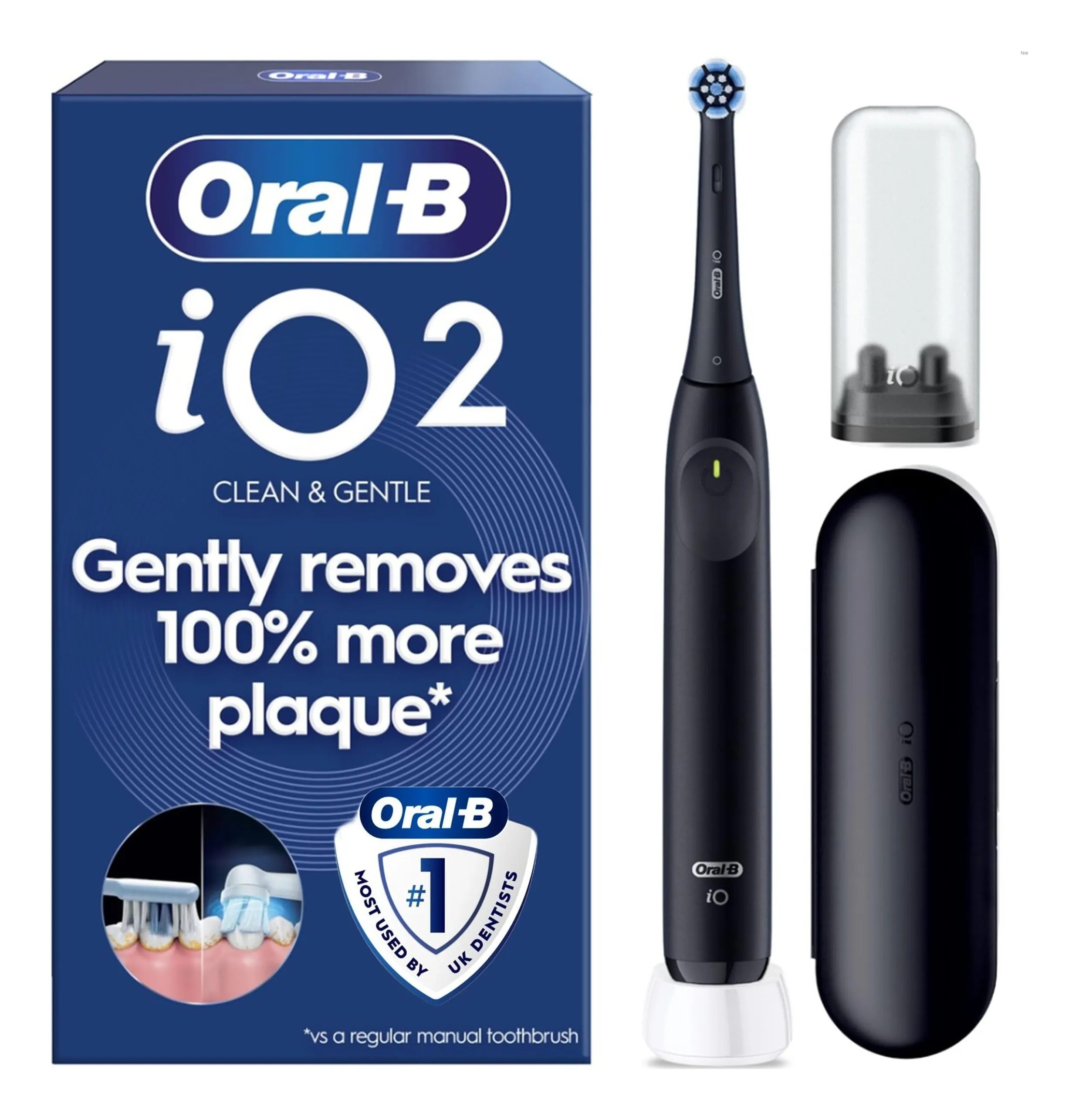 Oral-B iO2 electric toothbrush in night black with a round iO brush head, beside its travel case