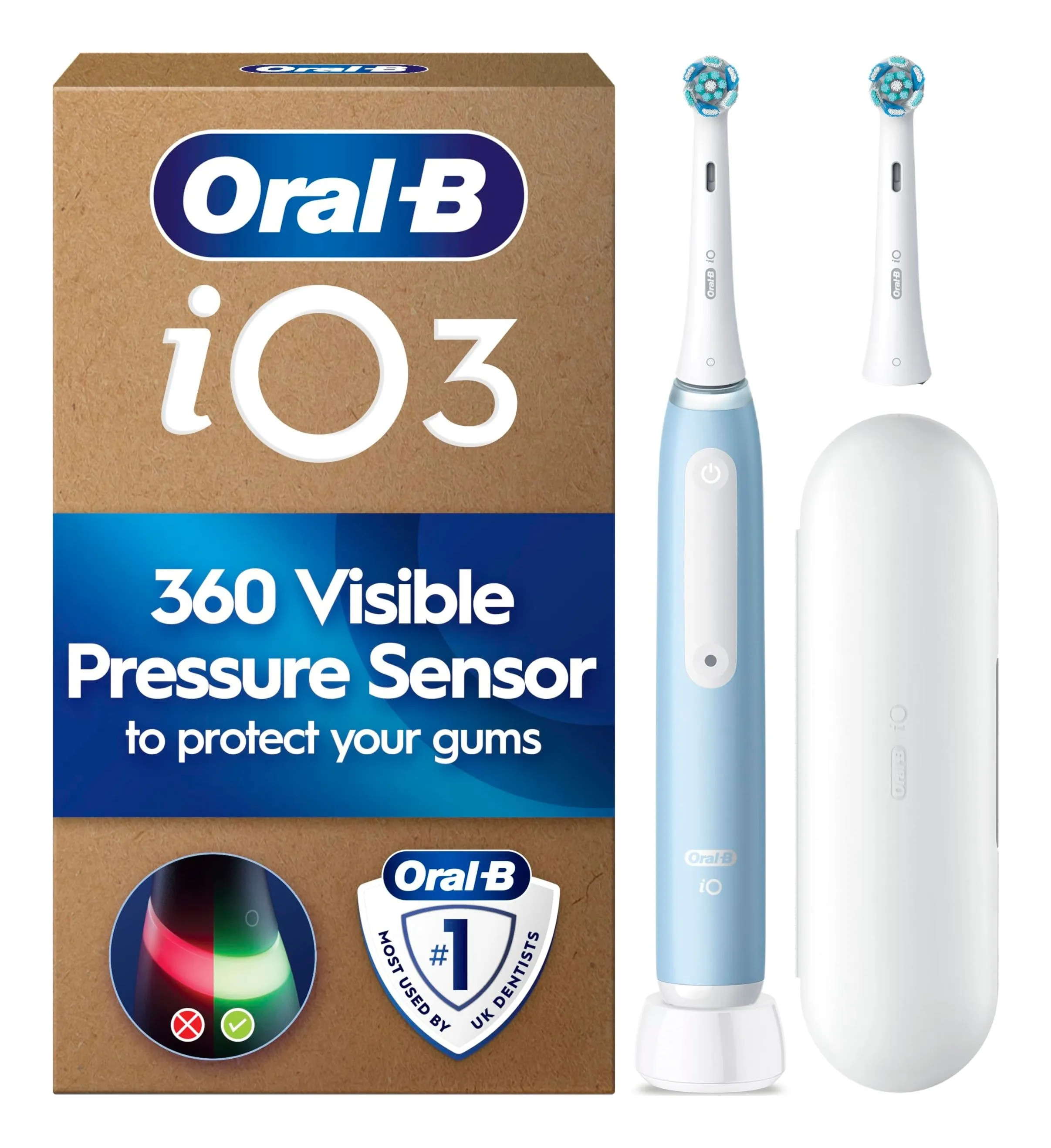 Oral-B iO3 electric toothbrush in blue with a round brush head, travel case and spare head