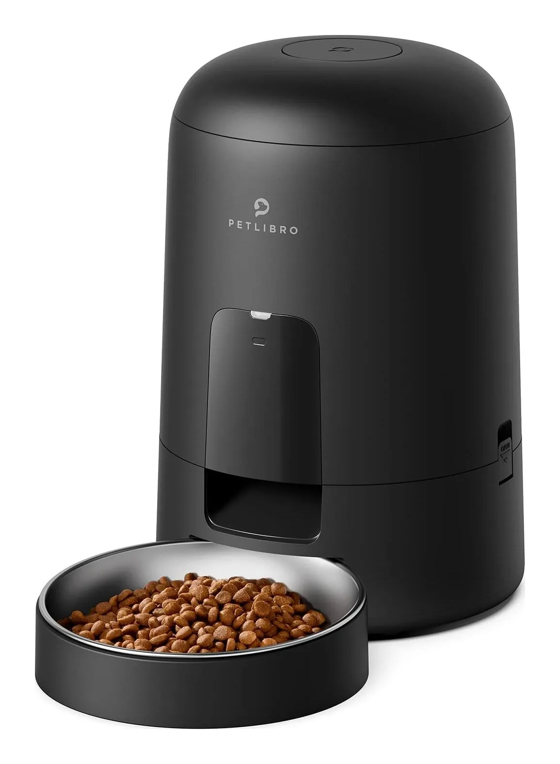 Petlibro Air automatic cat feeder in black: a slim 2-litre hopper with a stainless bowl at the base
