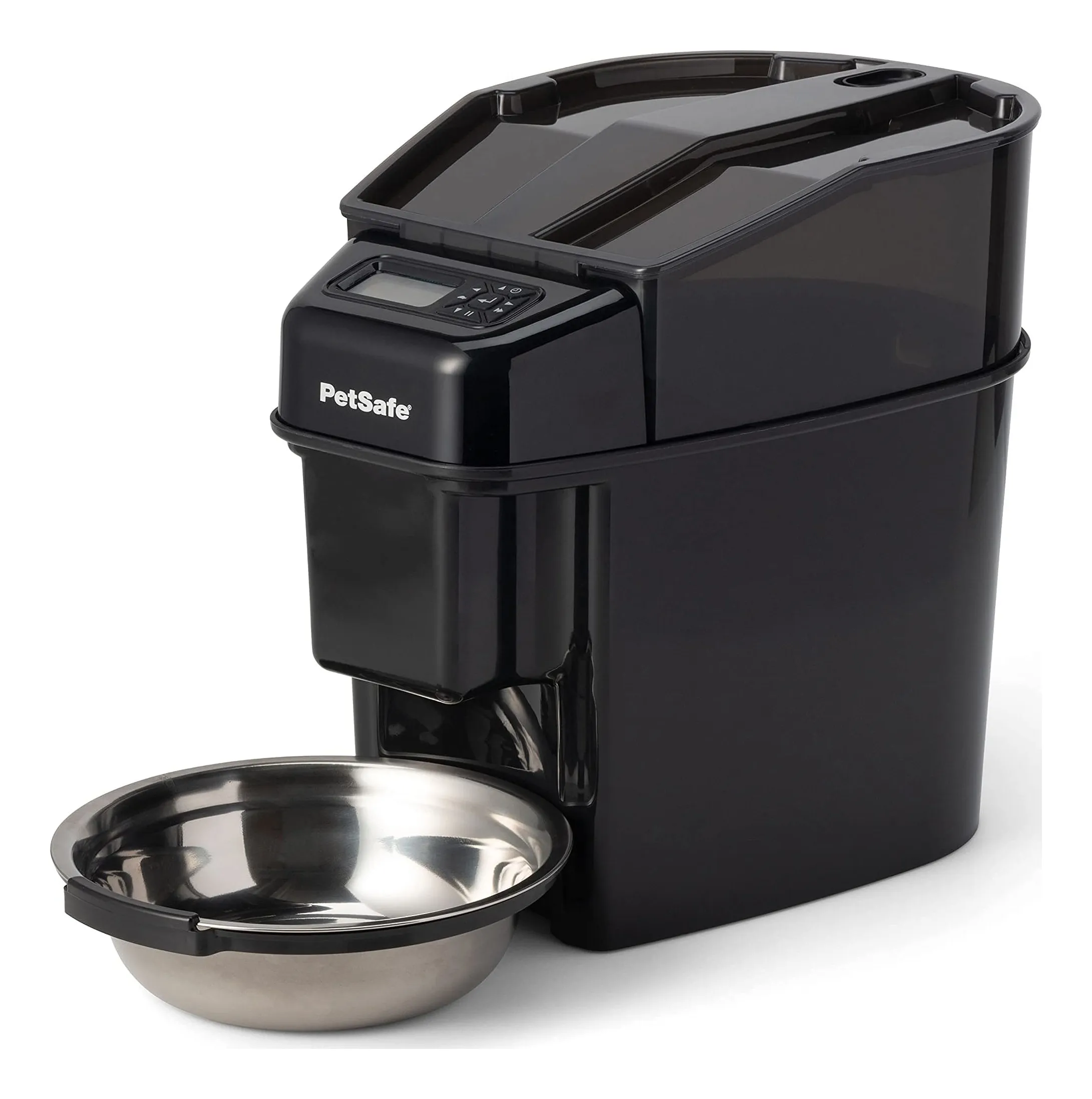 PetSafe Healthy Pet Simply Feed: a tall silver hopper feeder with a stainless steel bowl at the front