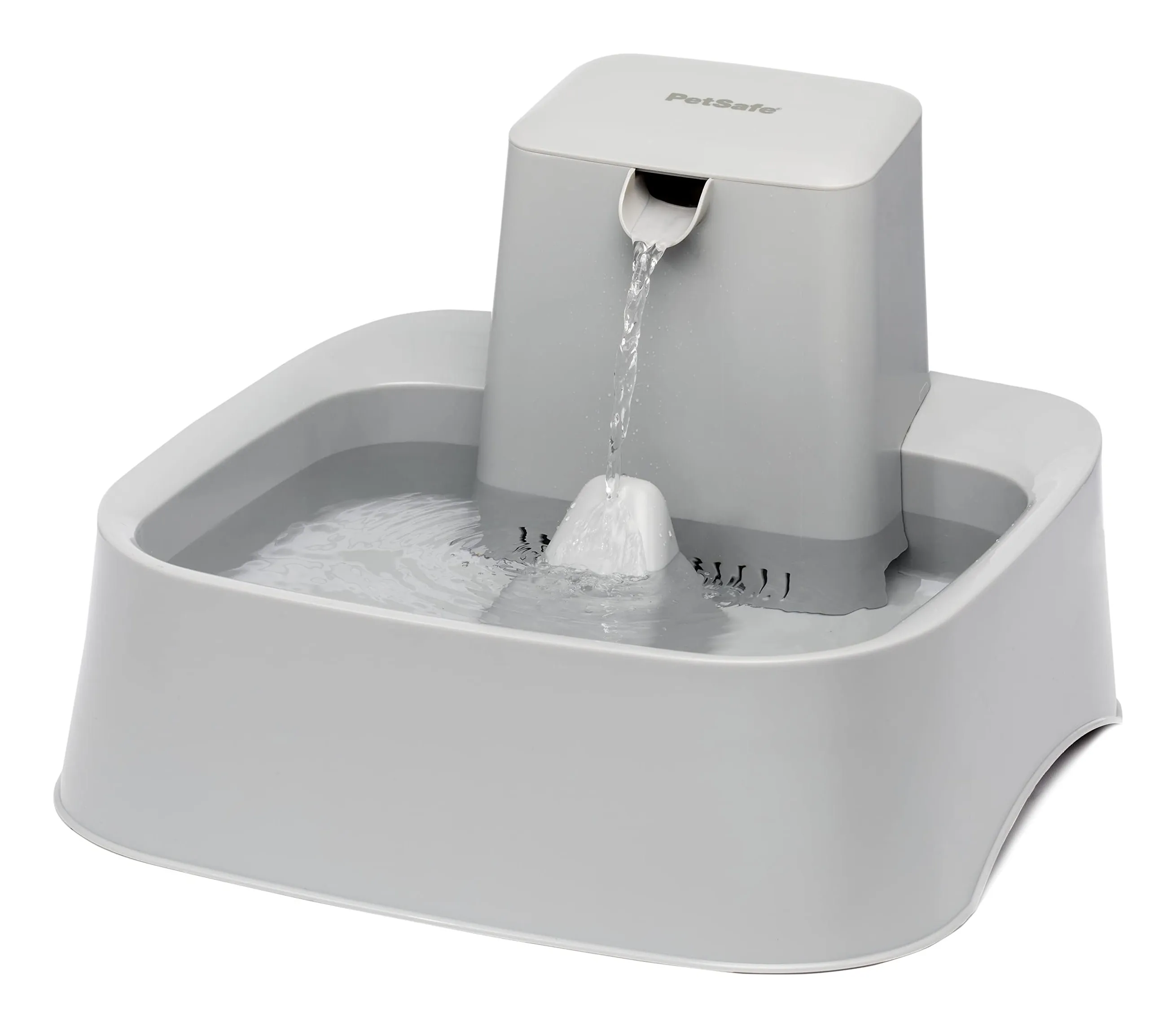 PetSafe Drinkwell 7.5 litre pet fountain in grey: a long open bowl with a stream falling from a raised spout
