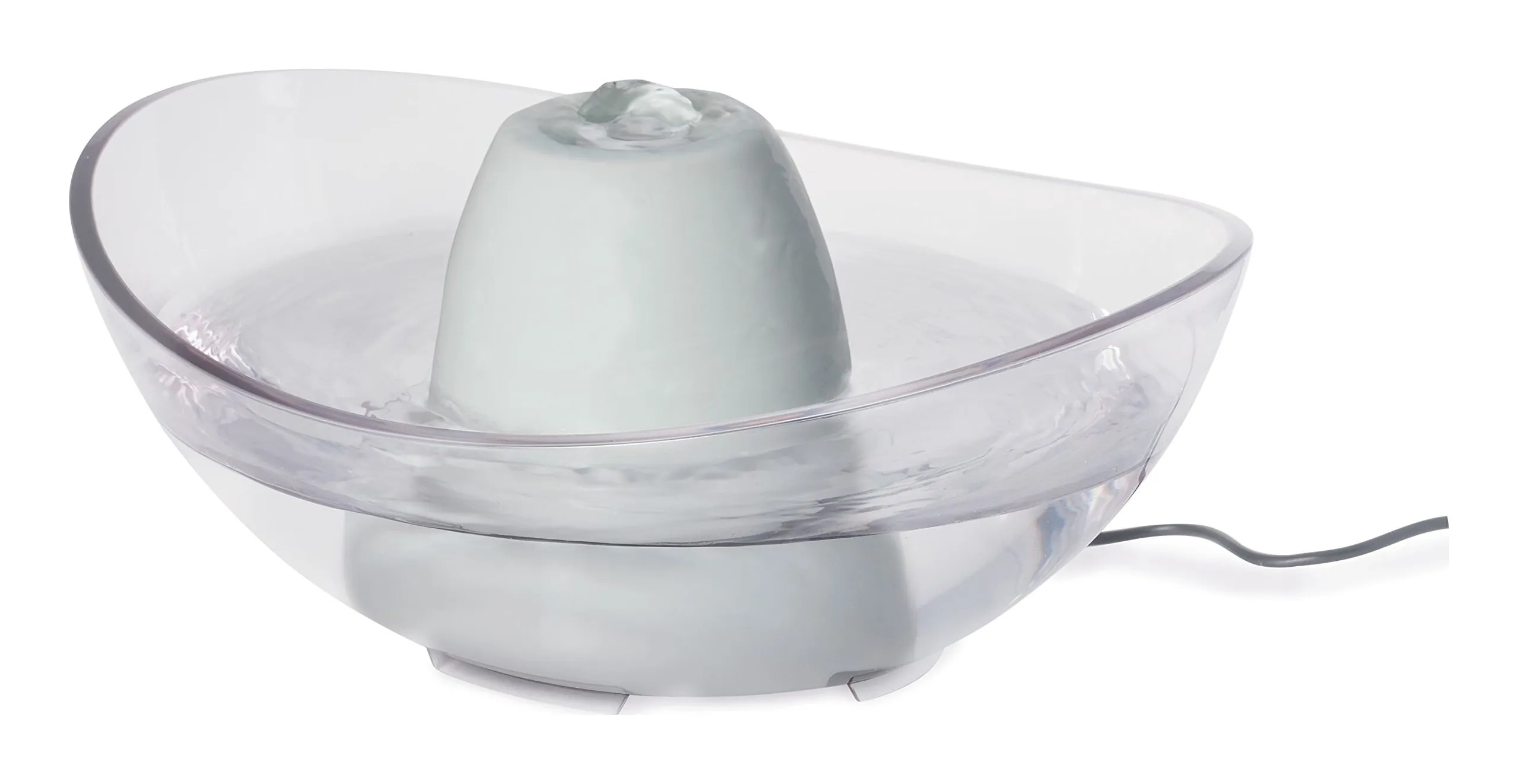 PetSafe Drinkwell Sedona fountain in green: a ceramic tower pouring water into a wide clear bowl