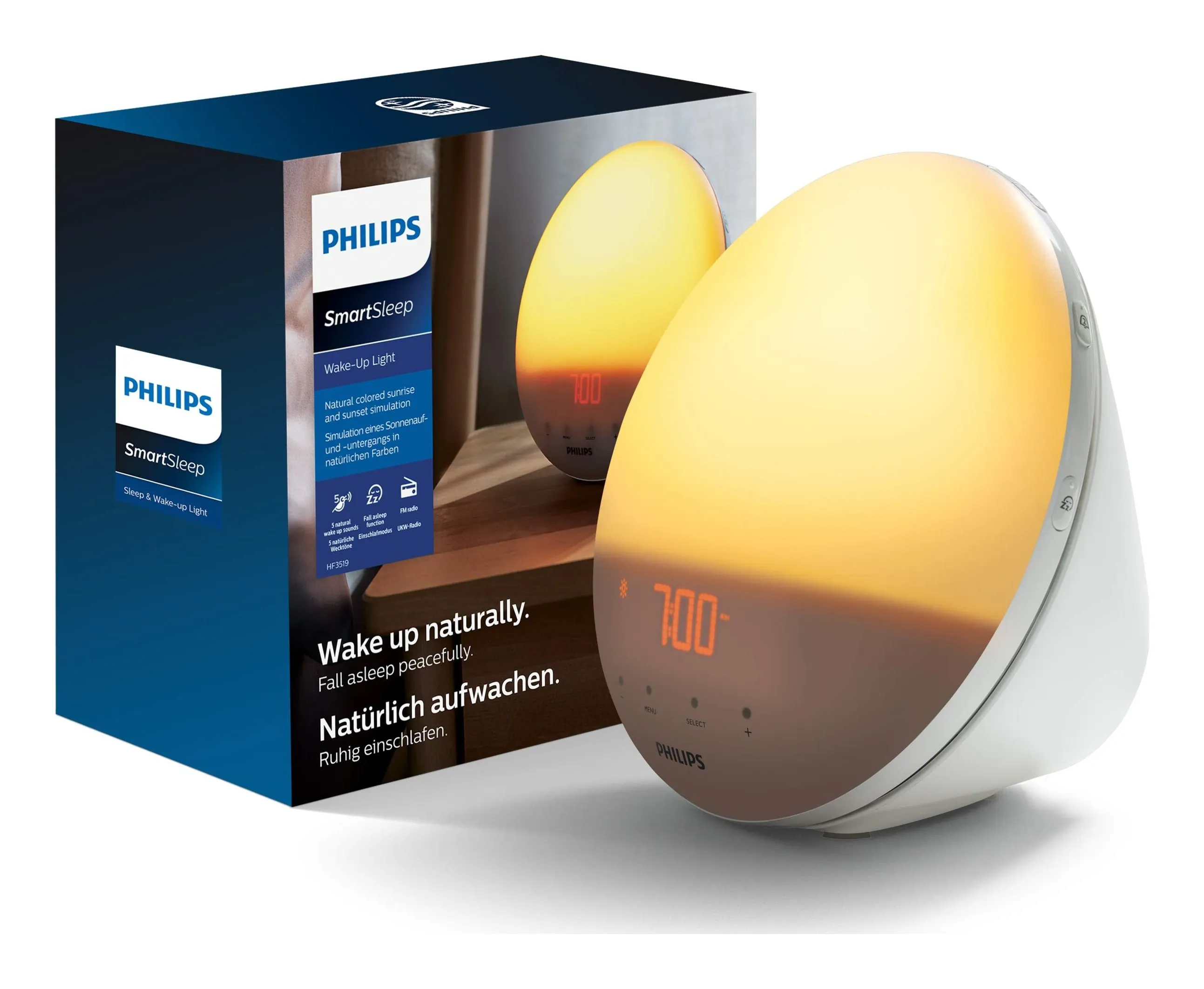 Philips SmartSleep Wake-up Light HF3519/01: a round white lamp tilted back on a stand, with a digital clock in the centre