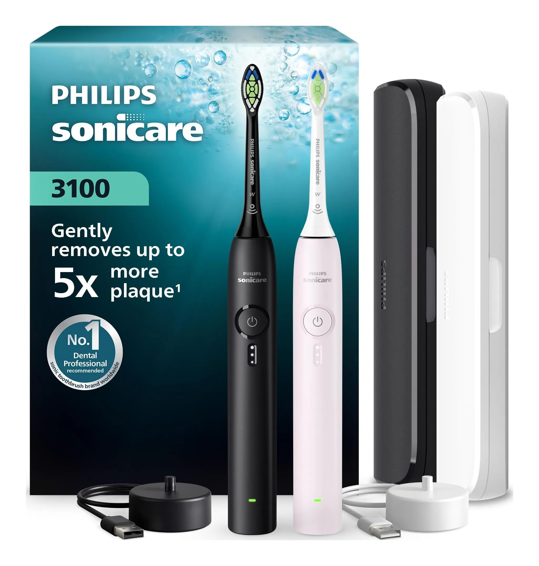 Philips Sonicare 3100 electric toothbrush in pink and black with a W Optimal White head