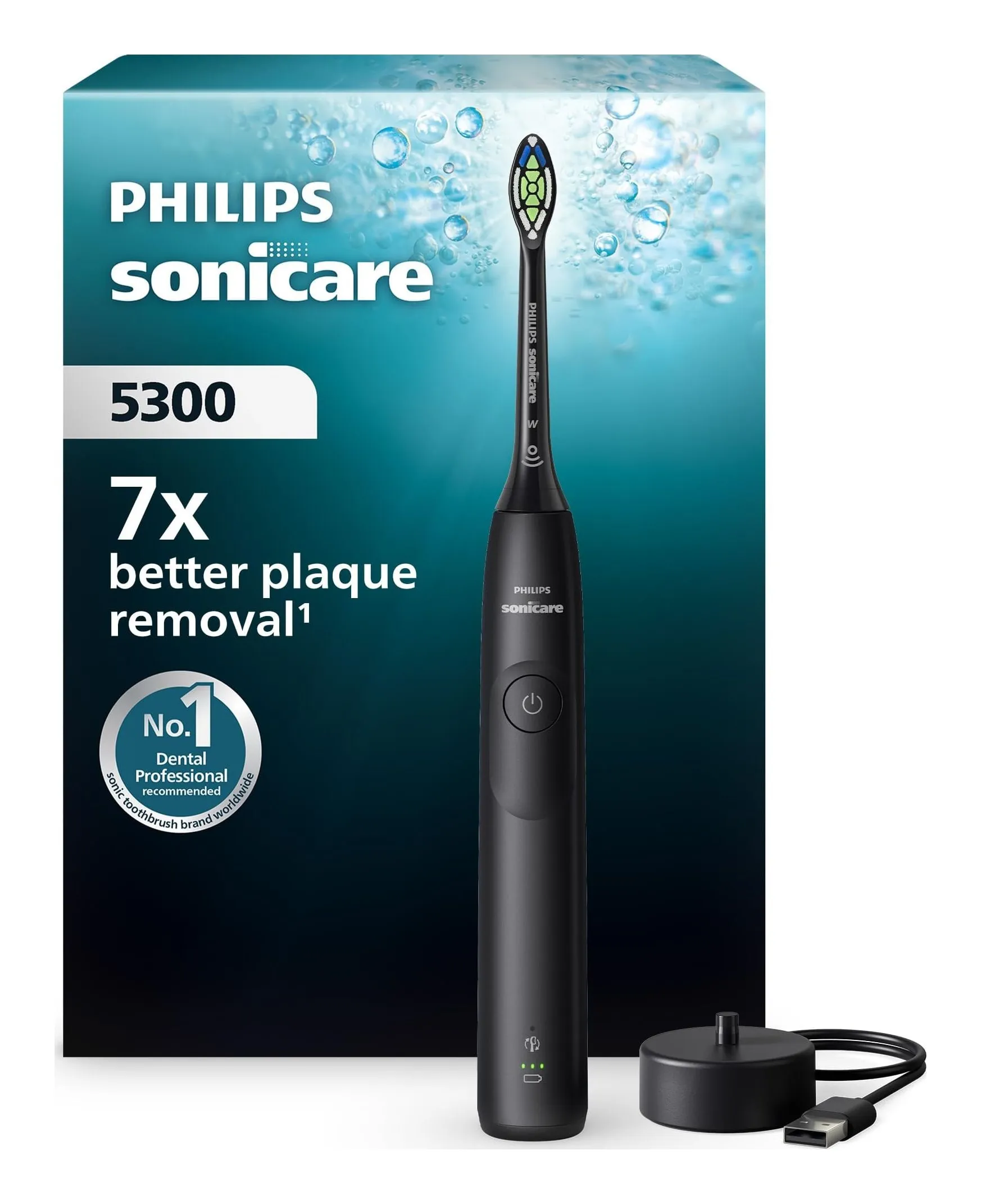 Philips Sonicare 5300 electric toothbrush in black with a W2 Optimal White head