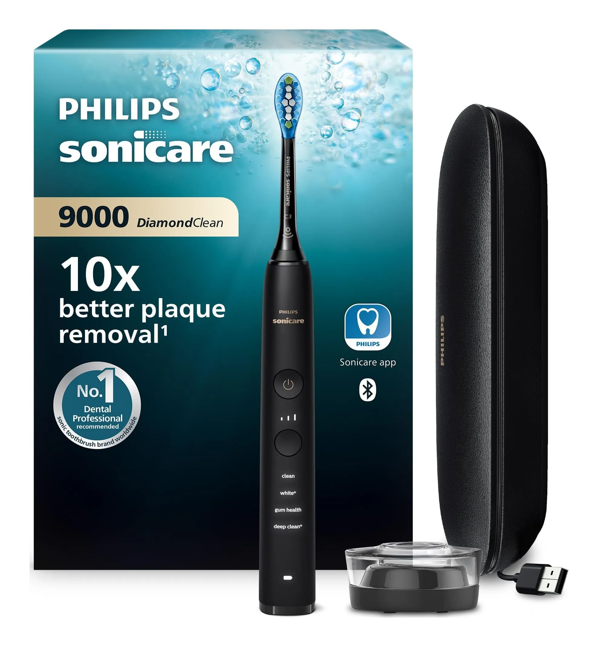 Philips Sonicare DiamondClean 9000 electric toothbrush in black with a C3 head and a charging travel case