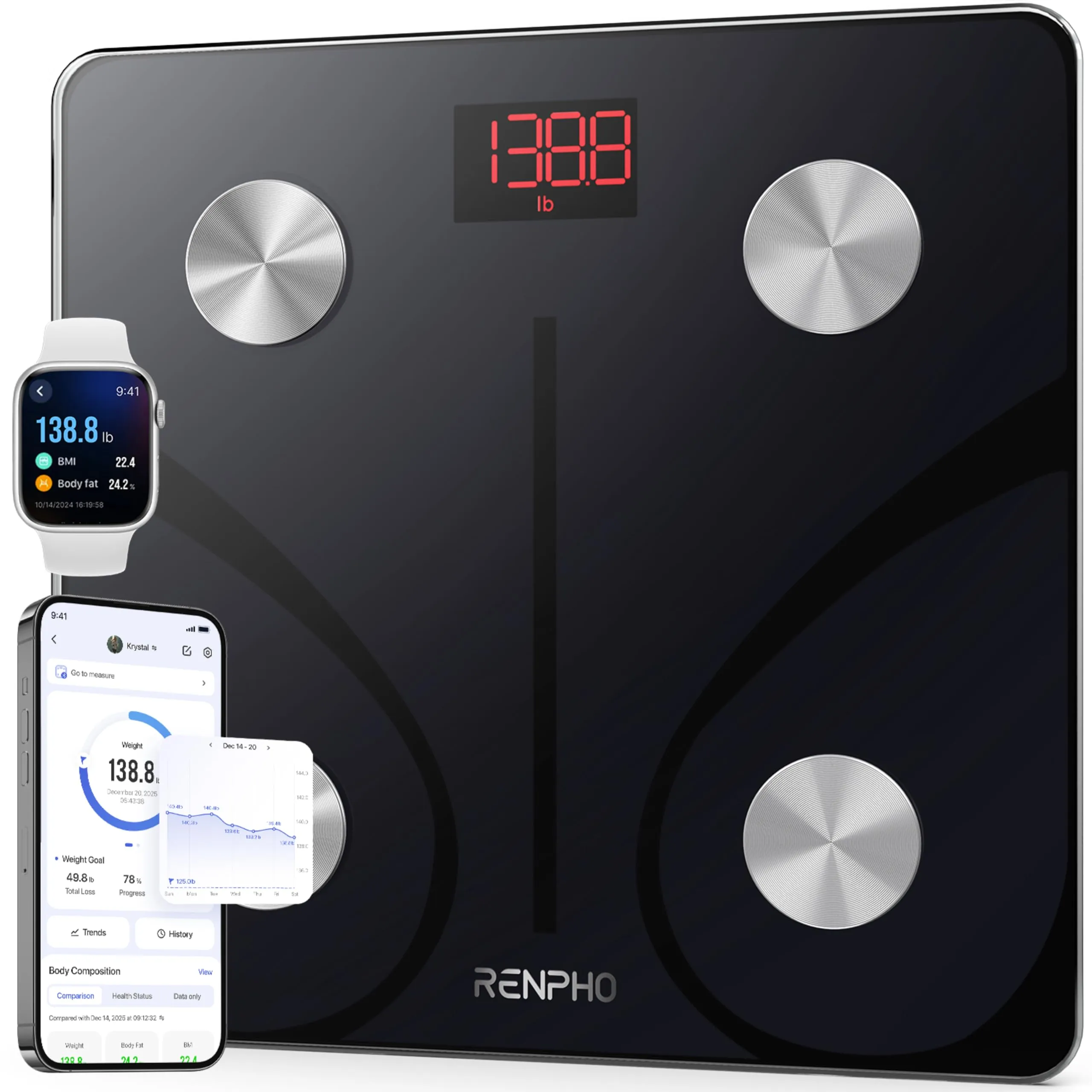 Renpho Elis 1 smart scale in black tempered glass with a hidden LED display