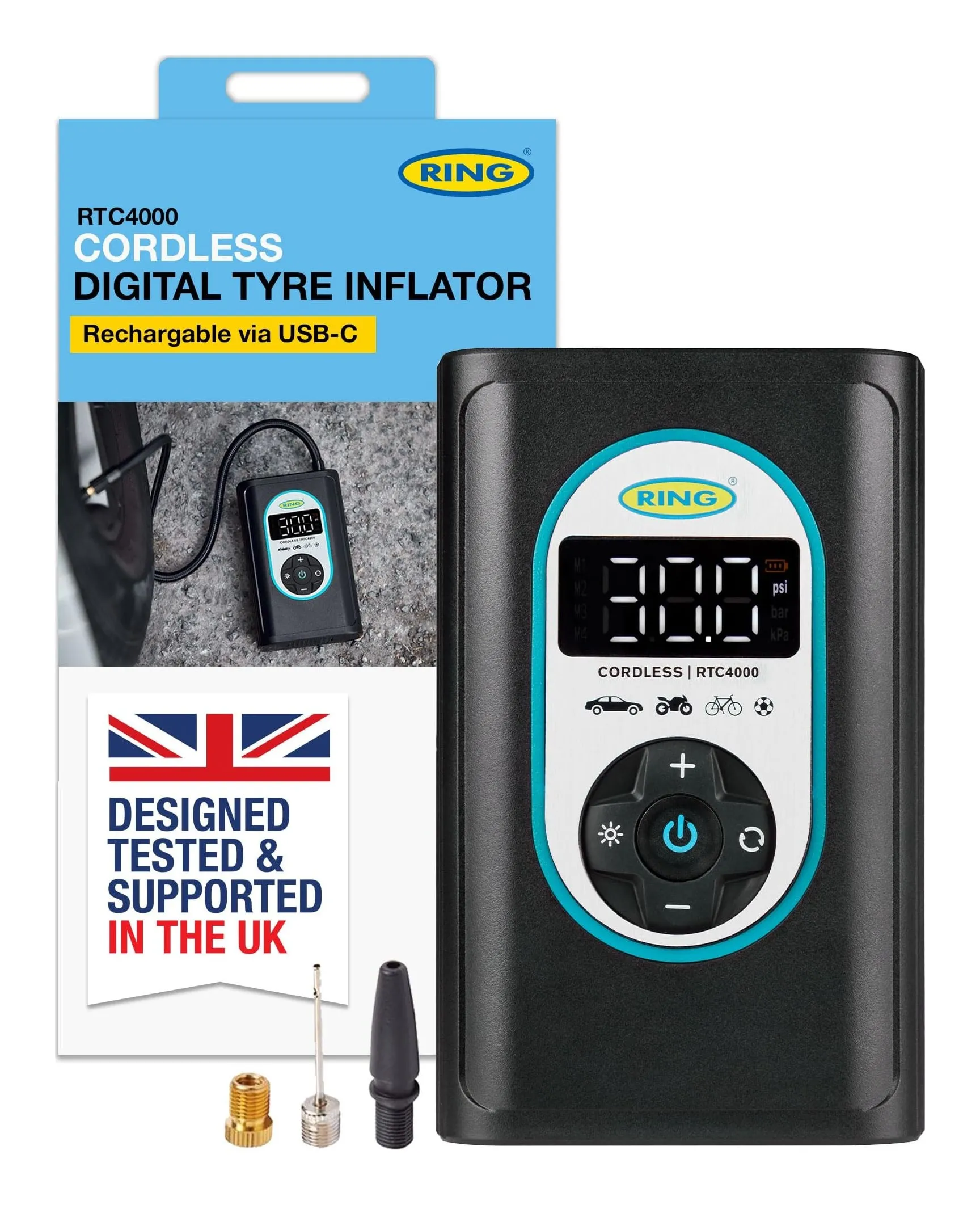 Ring TyreInflate GO 4 cordless tyre inflator in black with a digital display, hose and storage bag
