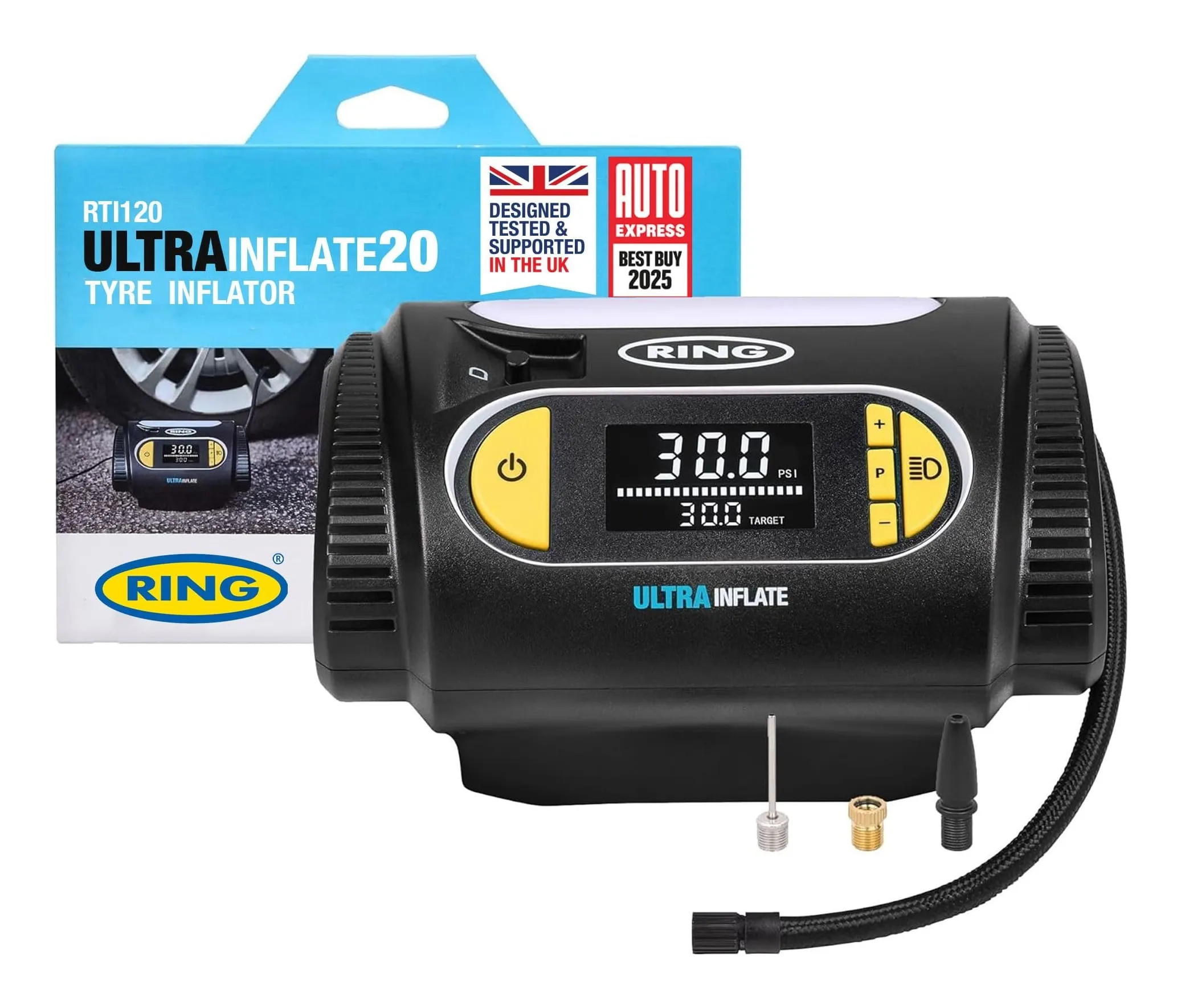 Ring UltraInflate 20 digital tyre inflator in black with a display and a wind-up 12 V cable