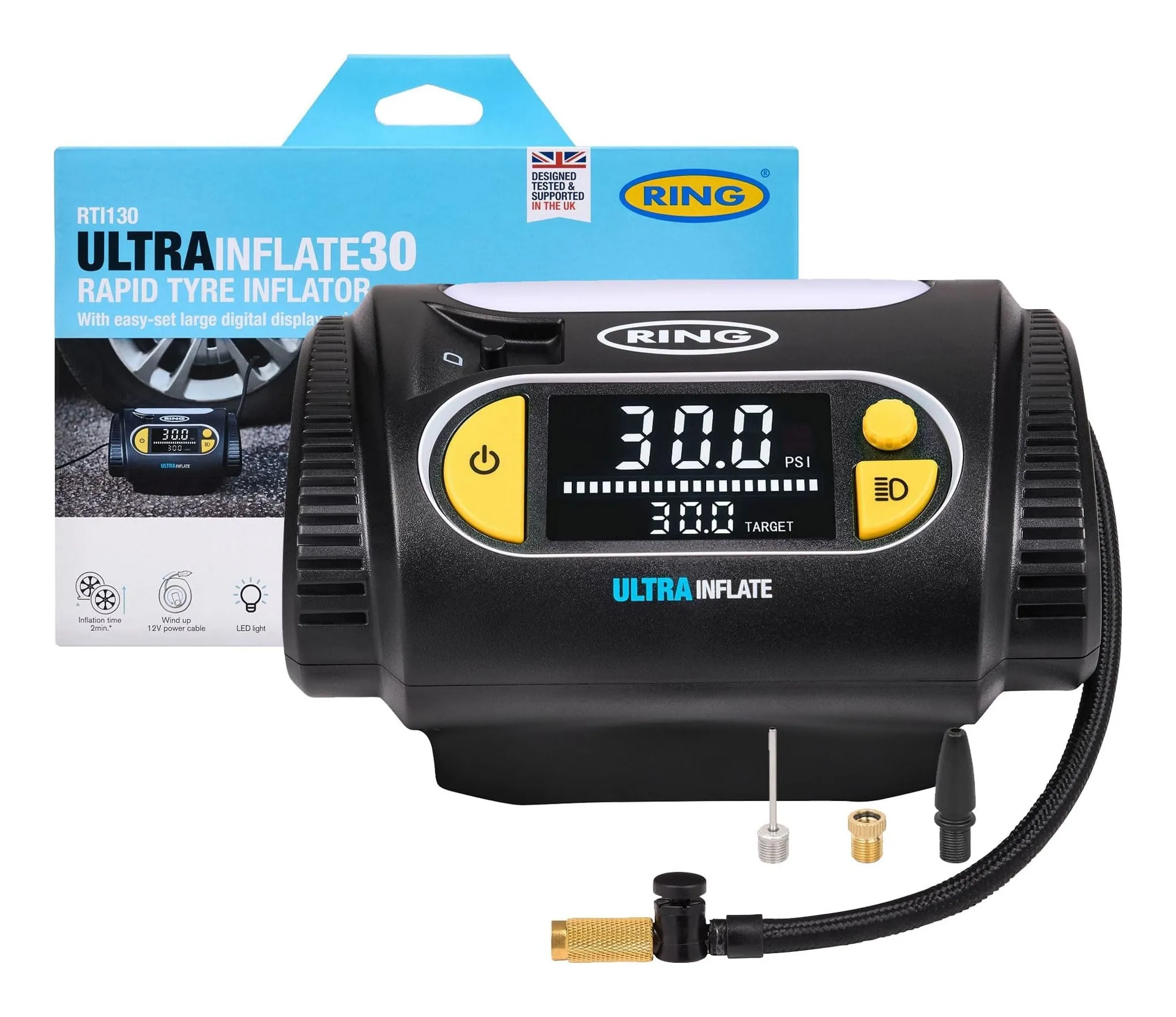 Ring UltraInflate 30 digital tyre inflator in black with a dial, display and coiled 12 V cable