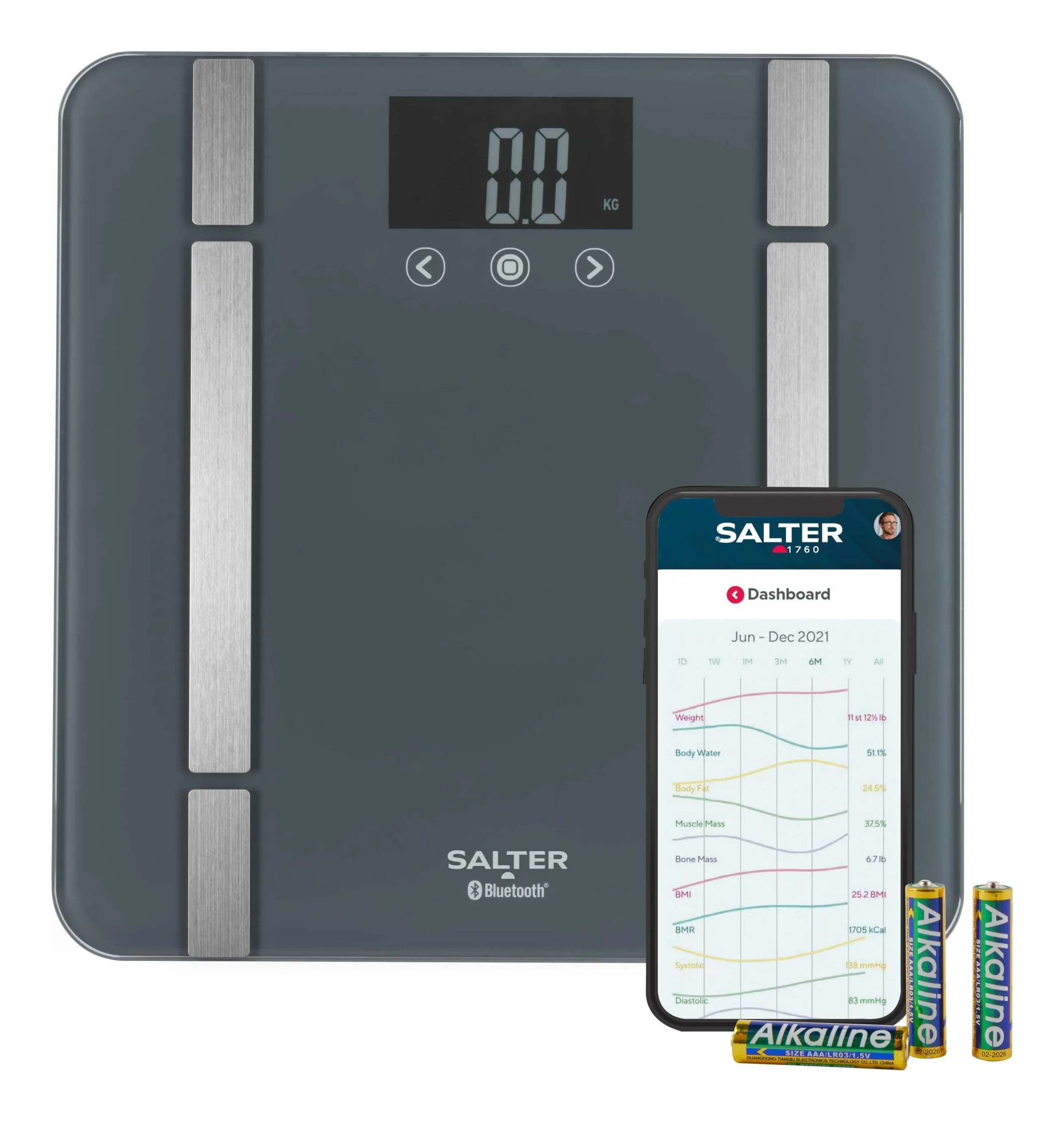 Salter smart Bluetooth bathroom scale in grey tempered glass with a backlit display