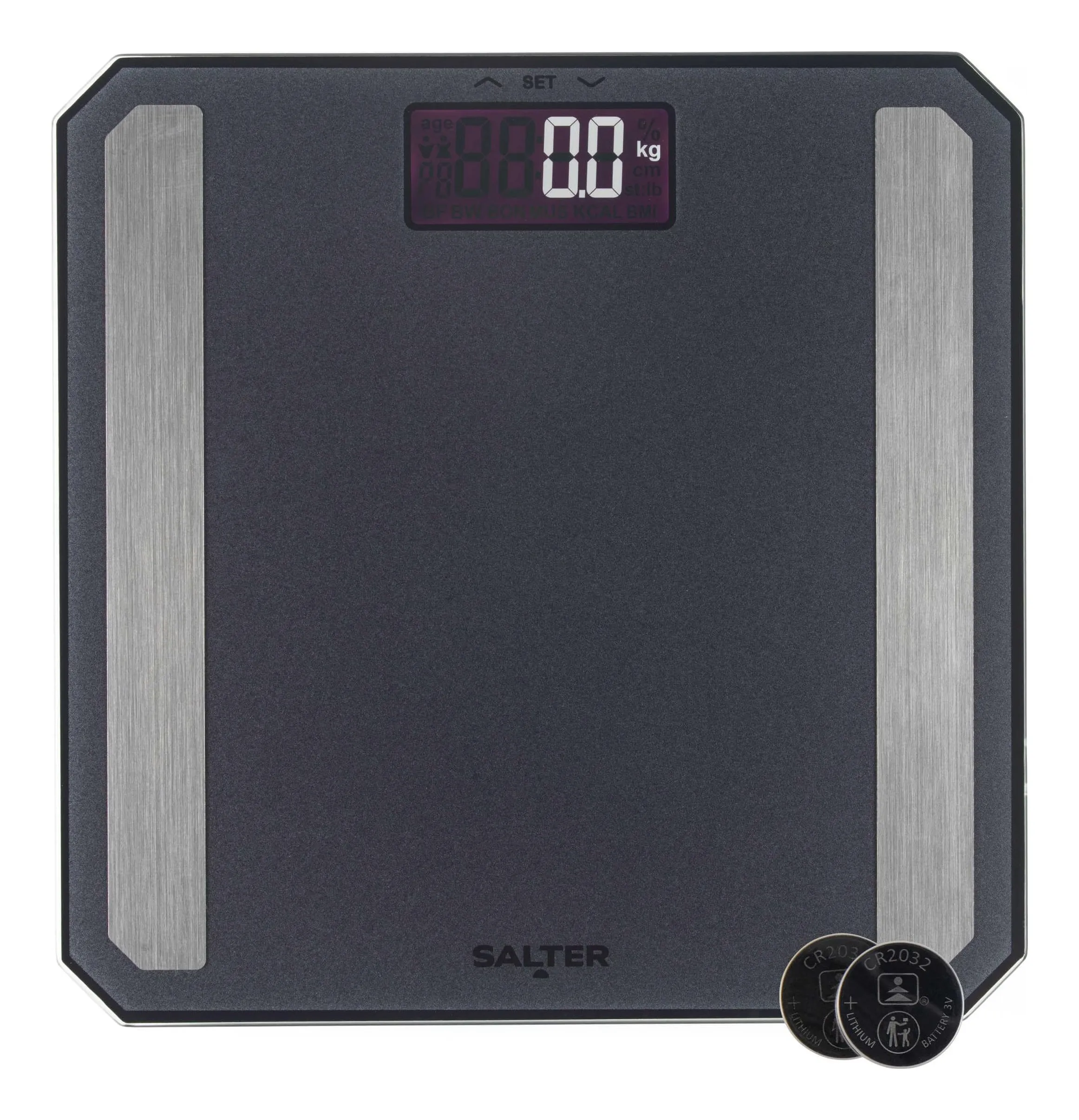 Salter matte black analyser bathroom scale with a frosted glass platform and LCD display