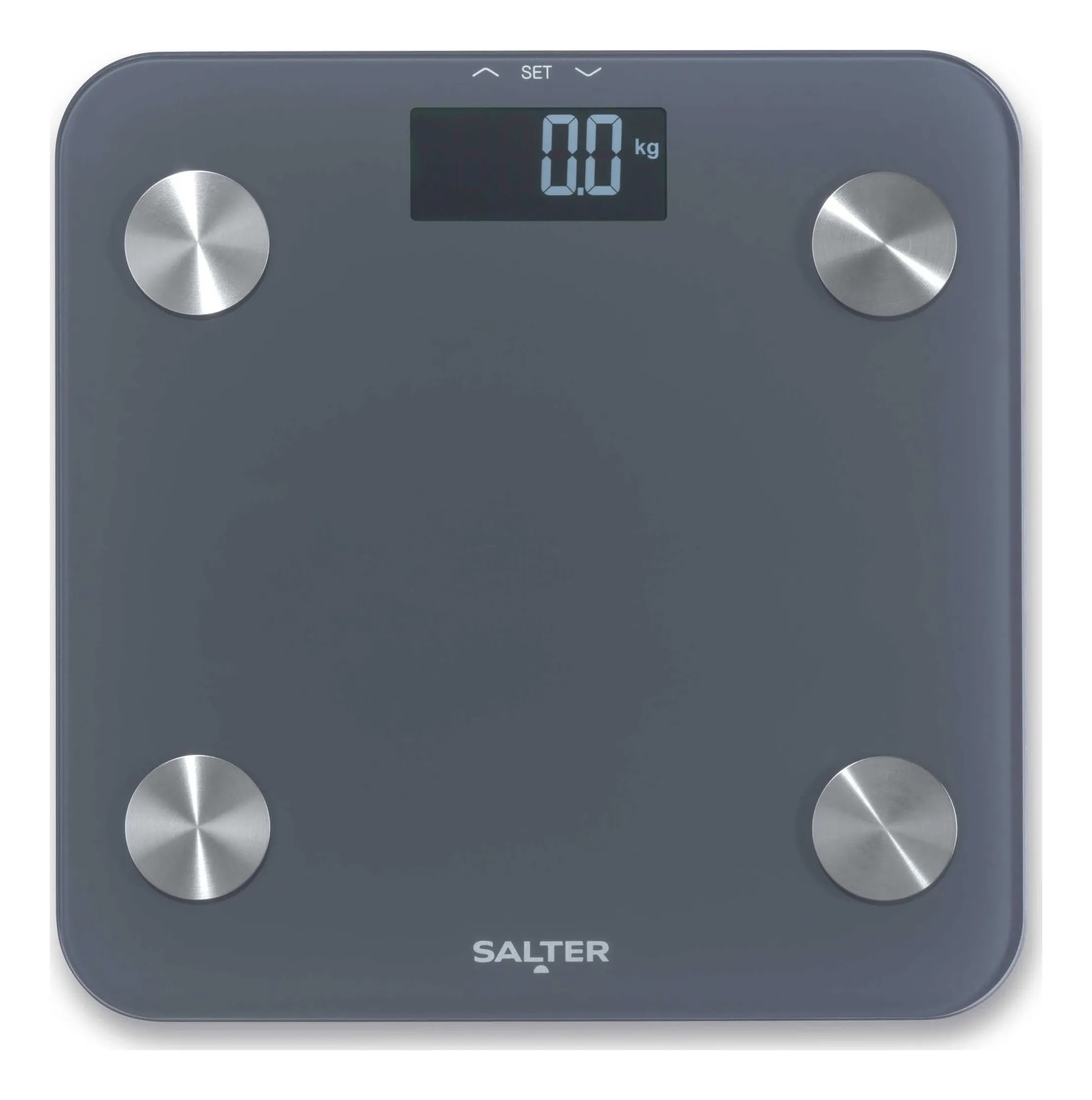Salter digital analyser bathroom scale in grey glass with a backlit display