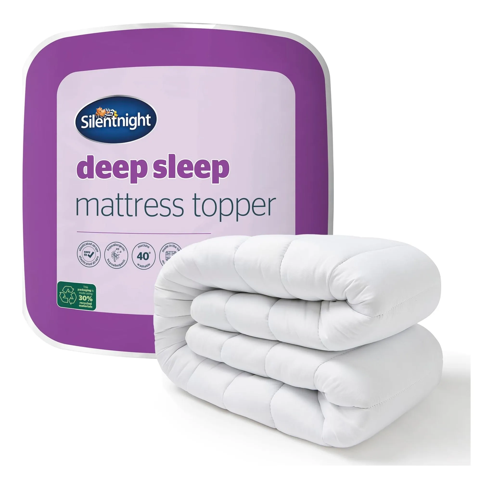 Silentnight Deep Sleep mattress topper: a thin white quilted topper with elasticated corner straps on a bed