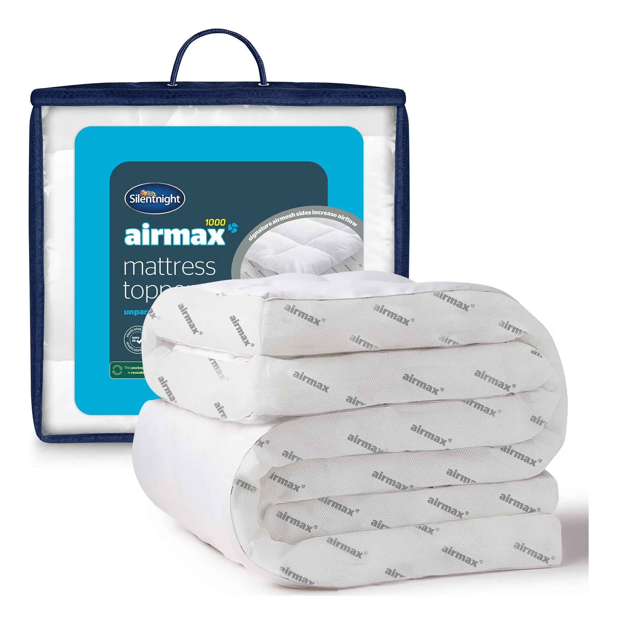 Silentnight Airmax 10 cm mattress topper: a deep white box-stitched topper with mesh sides on a double bed