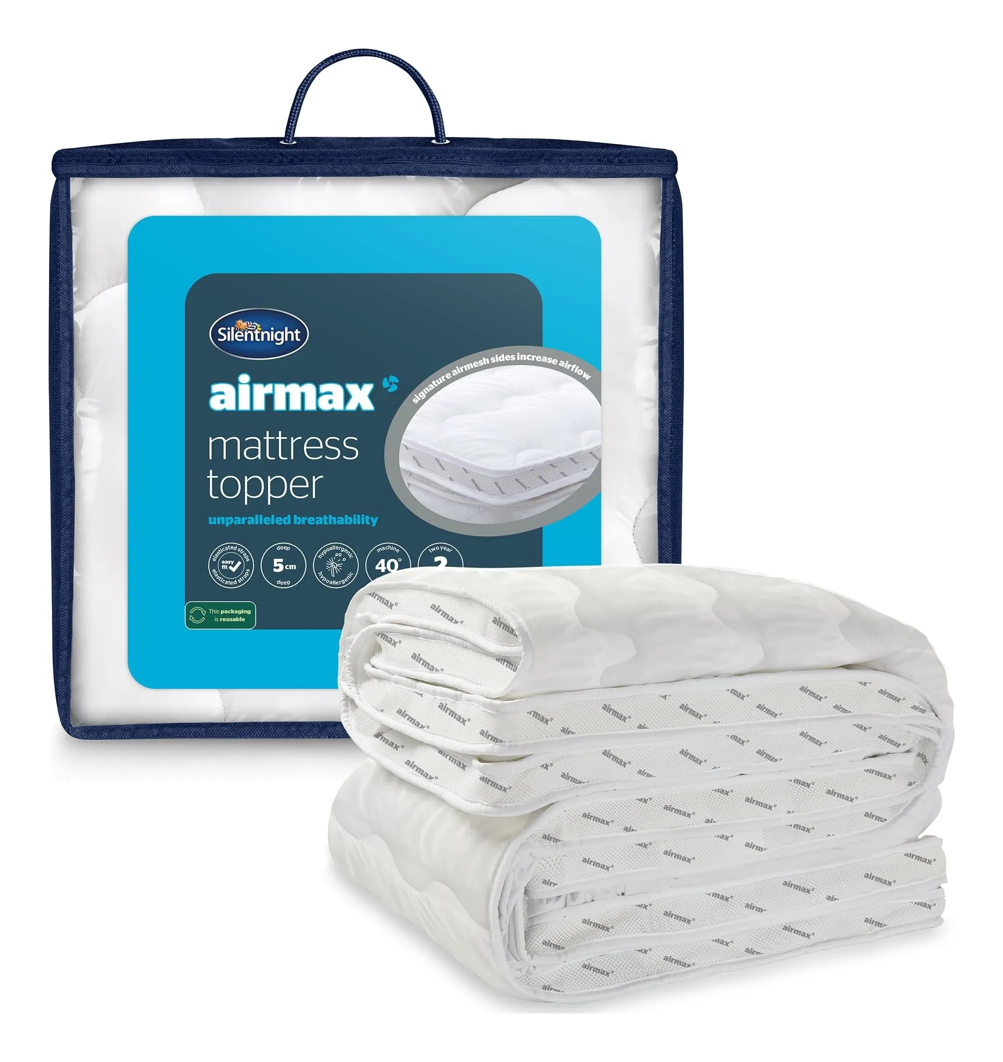 Silentnight Airmax 5 cm mattress topper: a white box-stitched topper with mesh sides, laid on a bed