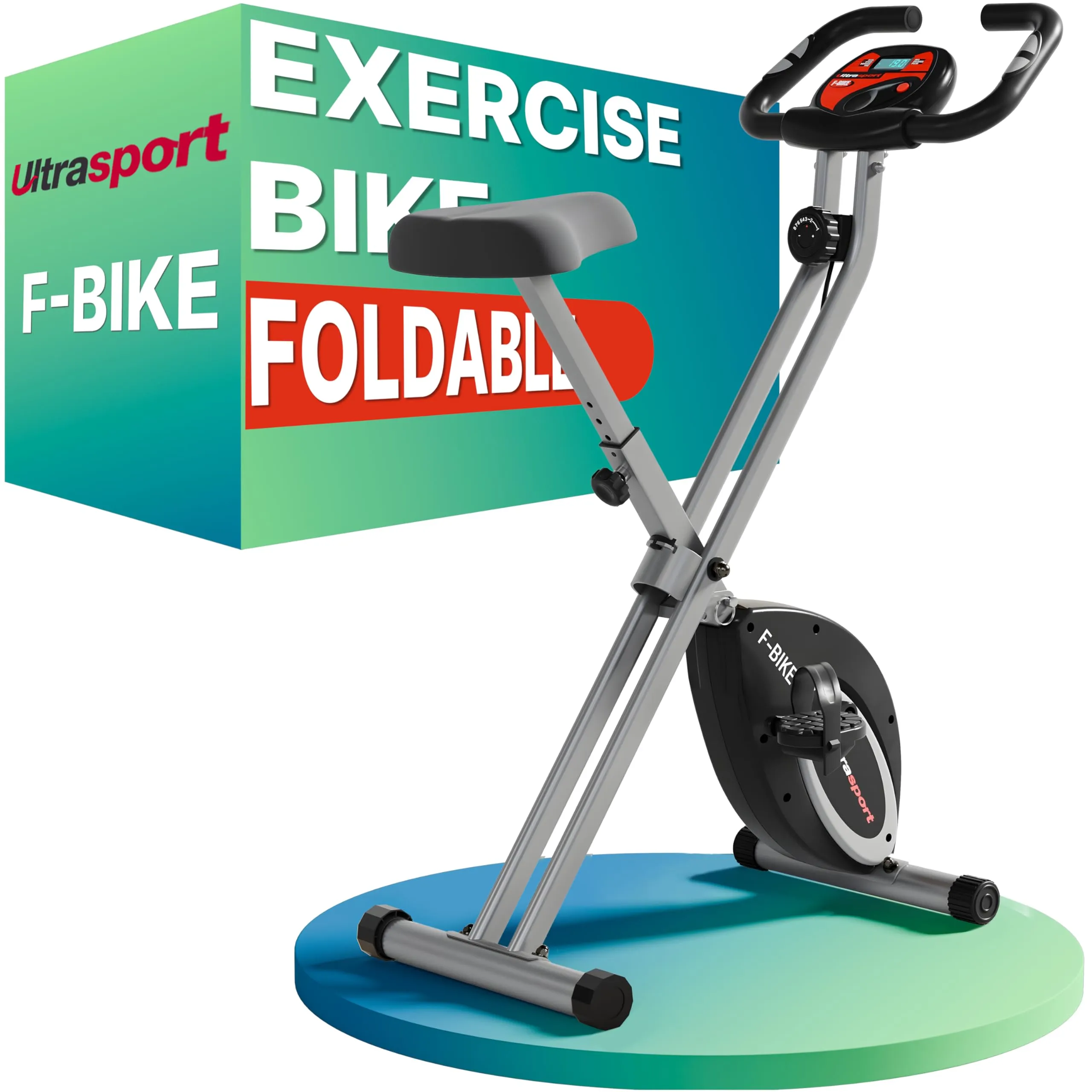 Ultrasport F-Bike folding exercise bike in black with a wide padded saddle and an LCD display between the handlebars